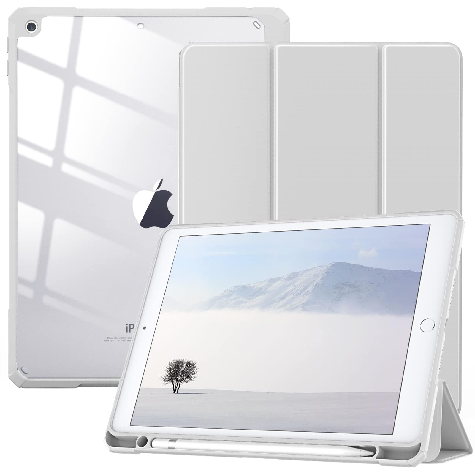 TiMOVO Case for iPad 9th Generation 2021/iPad 8th Generation 2020/iPad 7th Generation 2019 10.2 inch with Pencil Holder, Slim Protective Cover with Clear Back Shell, Auto Wake/Sleep, Light Gray