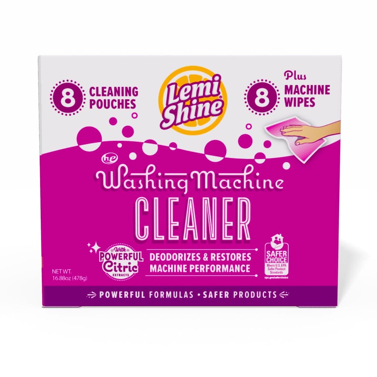 Lemi Shine Washing Machine Cleaner - Hard Water Citric Acid Cleaning Powder - Includes Machine Cleaning Wipes - 16.88 oz (8 Pack)