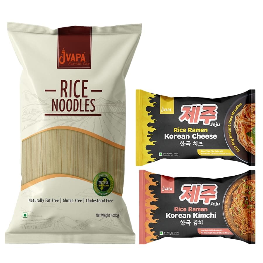 Jeju Rice Noodles - Naturally Gluten Free, Made with 100% Rice, Combo with Instant Noodles 540g (Korean Flavours with Seasoning) | Super Spicy KoreanKimchi & KoreanCheese