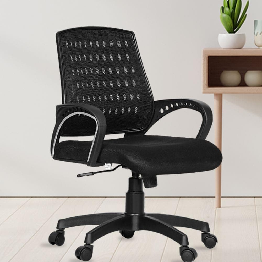 Boom 03 Mid-Back Revolving Mesh Ergonomic Chair for Home & Office with Tilt Lock Mechanism, Armrest & High Comfort Seating (Black)