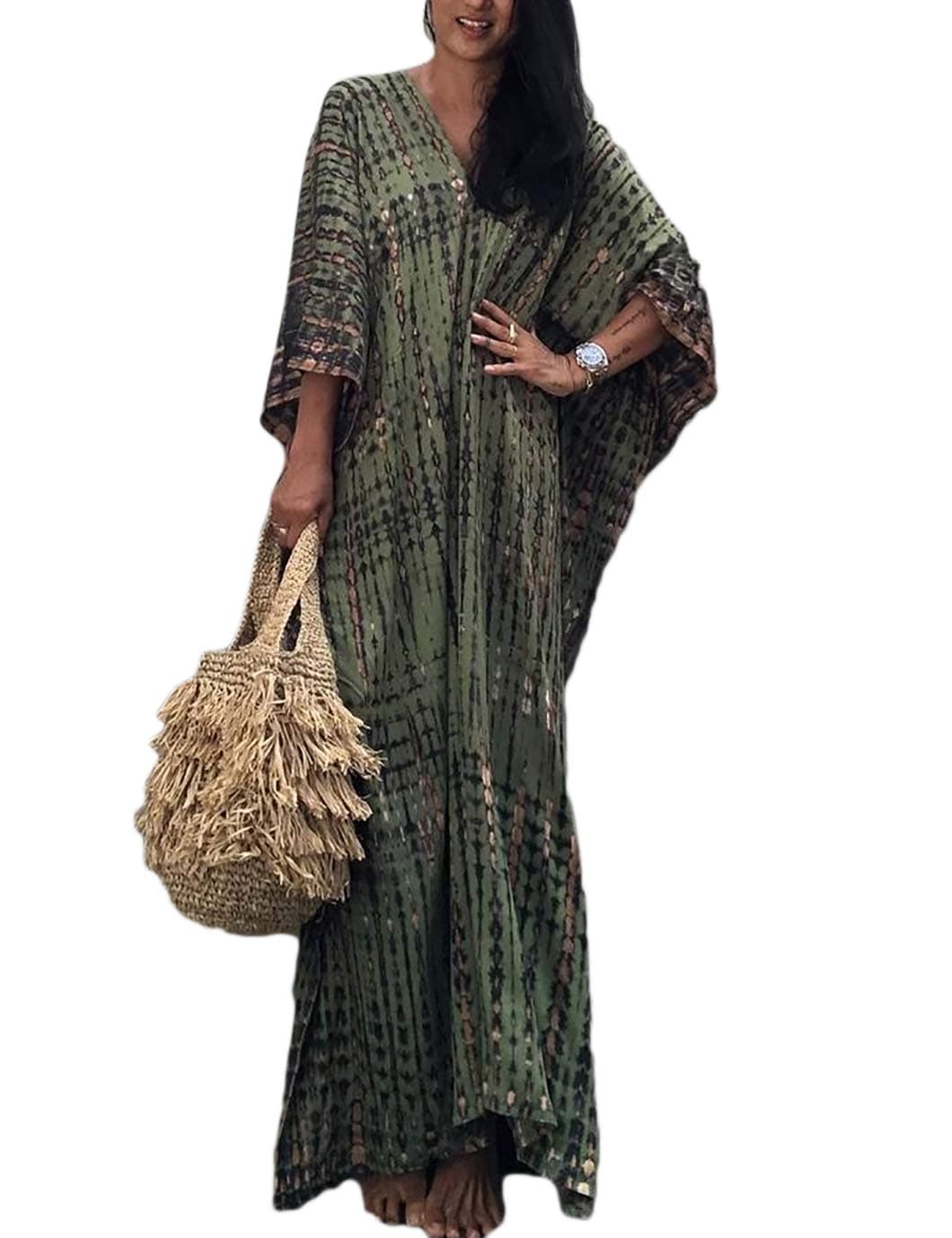 Plus Size Beach Kaftan Dresses for Women Print V-Neck Long Swimsuit Cover Ups