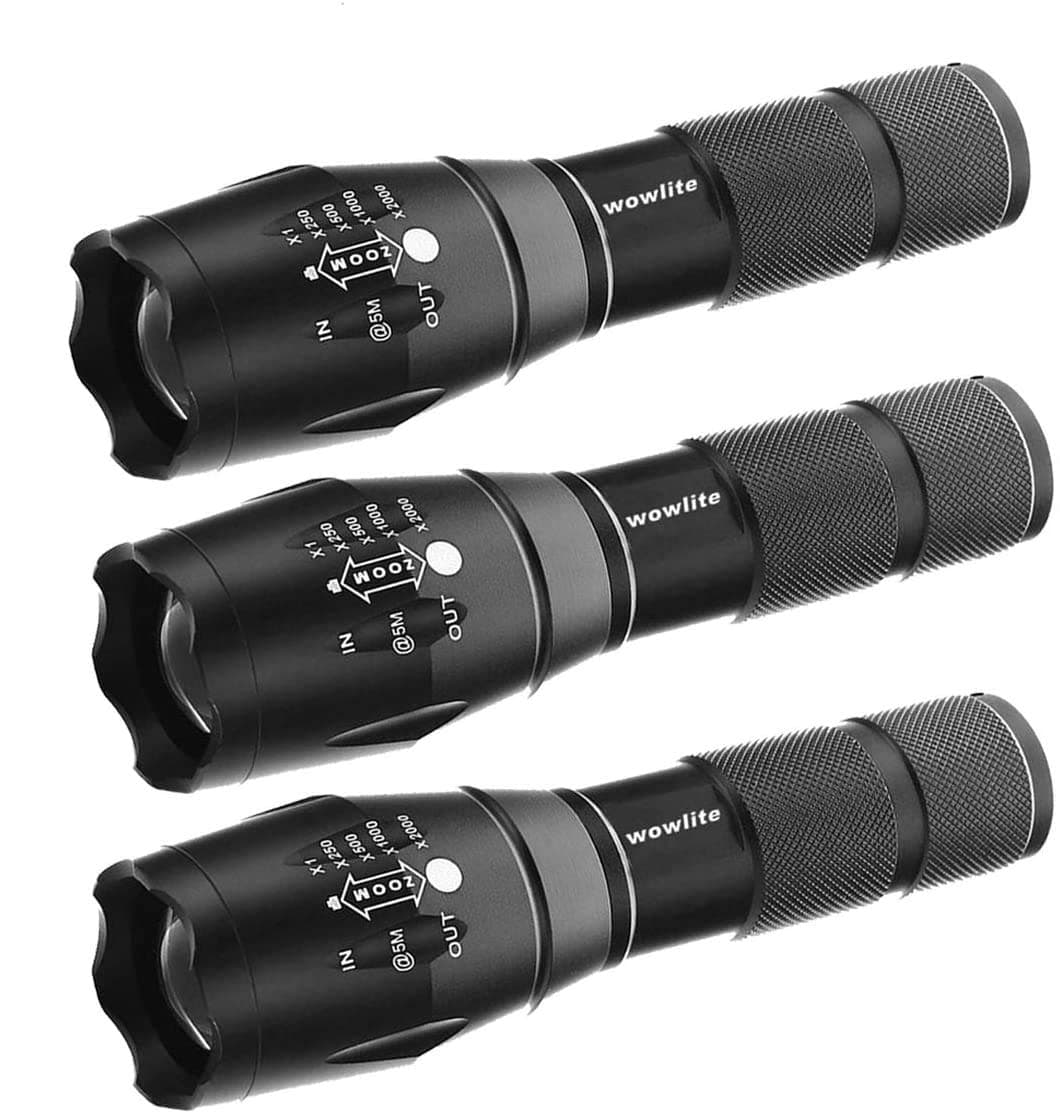 Tactical Flashlight, Wowlite Ultra Bright LED Flashlight with 5 Light Modes & Adjustable Focus for Emergency Camping Hiking (3 pack)