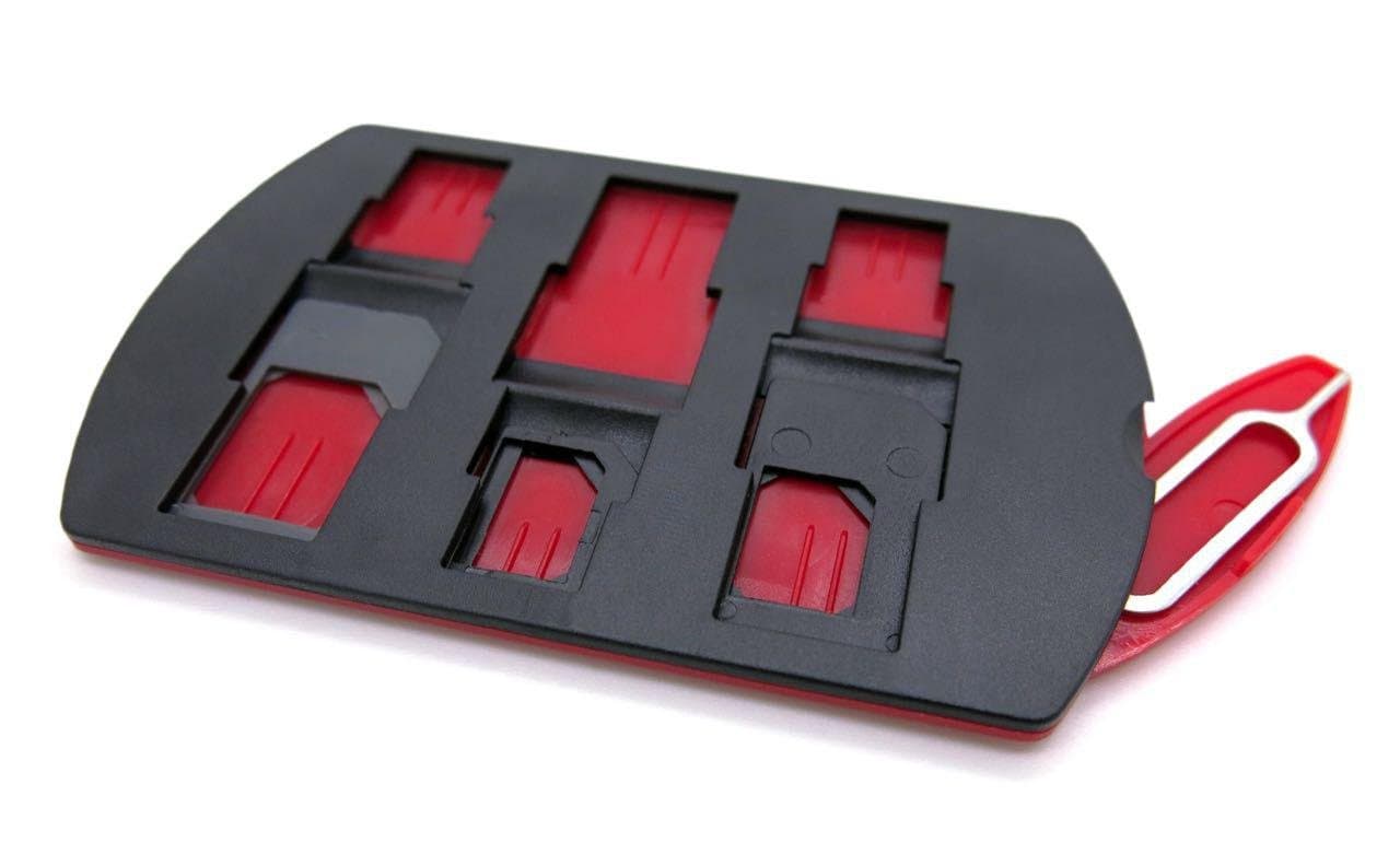 A4Accessories Sim Card Adapter / Converter / Storage For Standard Sim, Micro Sim and Nano Sim, With iPhone Sim Release Pin, in Credit Card Size (Red/Black)