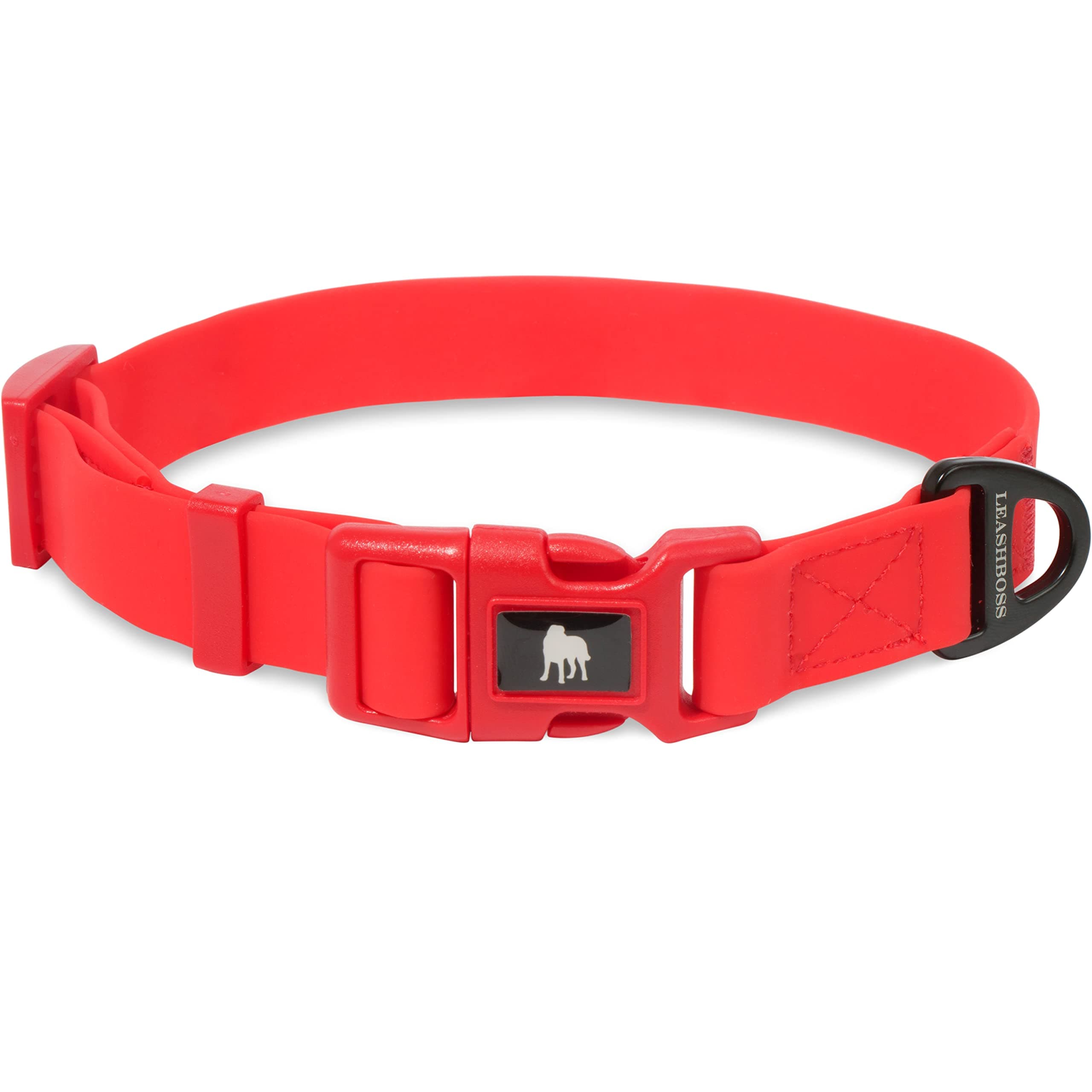 Leashboss Waterproof Dog Collar, Odor Free Fast Drying Coated Nylon, Easy Clean for Beach and Swimming, Adjustable Quick Release Dog Collar (Red - Medium 14.5-19.5" Neck x 1" Wide)