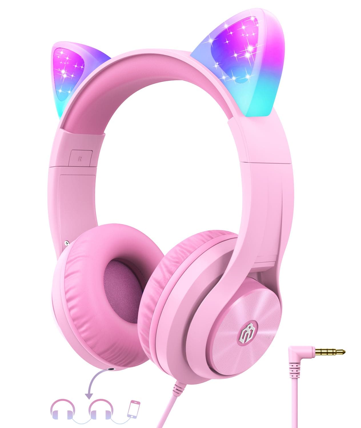iClever Kids Headphones with Cat Ear Led Light Up, Safe Volume Limite, FunShare, Foldable, Over-Ear Headphones for Kids for School/iPad/Tablet/Travel, Meow Donut-Pink
