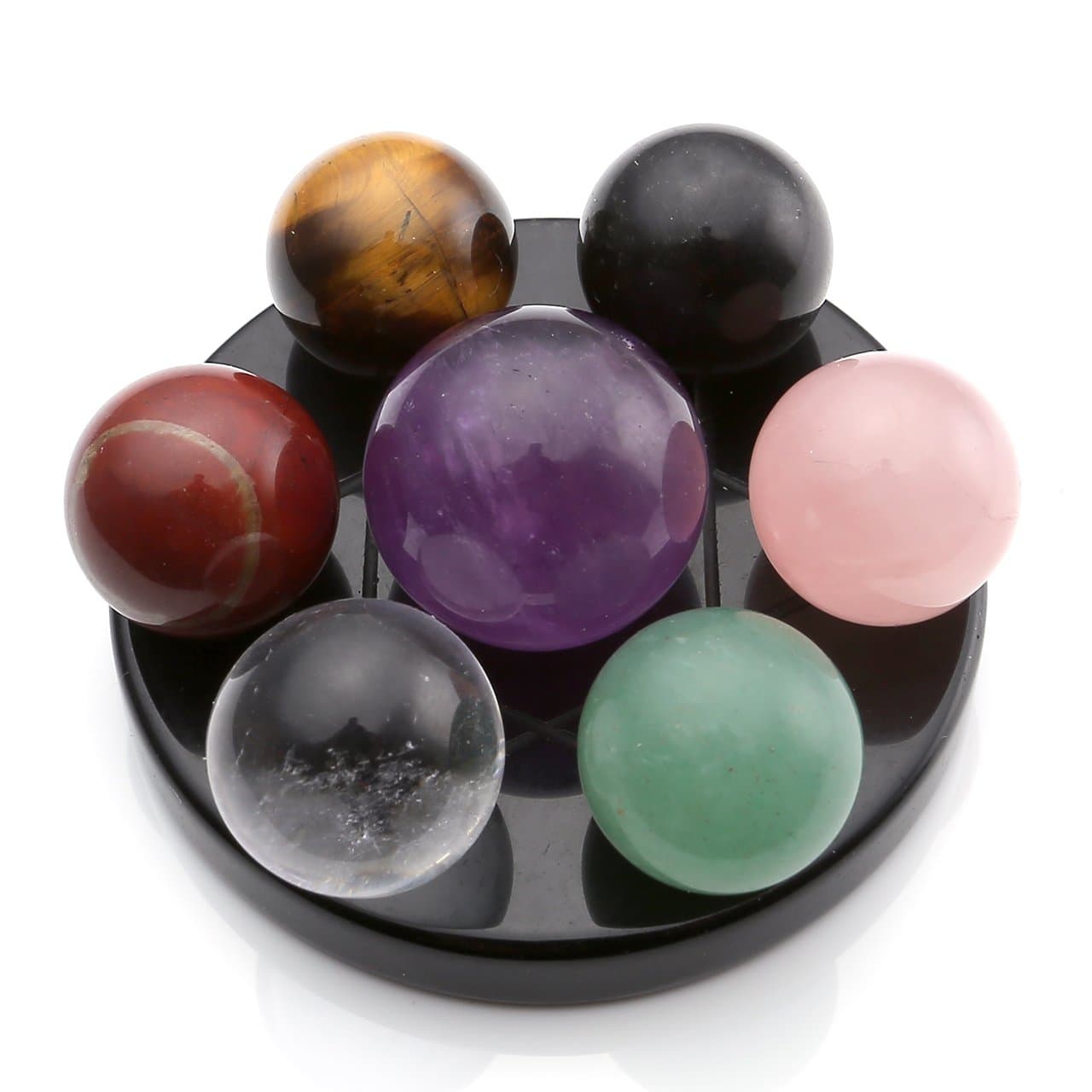 MANIFO 7 Chakra Gemstone Ball Sphere Set on Black Obsidian Hexagram Stand Reiki Healing Crystals Authentic Stress Free Relaxation Fengshui Seven-Star Appetizer Plate