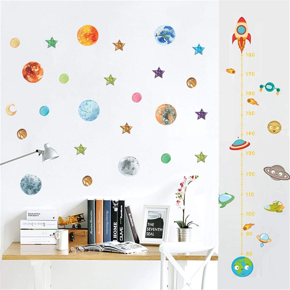 SuzSan Planet Star Rocket Height Measure Wall Stickers for Kids Rooms Home Decor Growth Chart Wall Decals PVC Mural