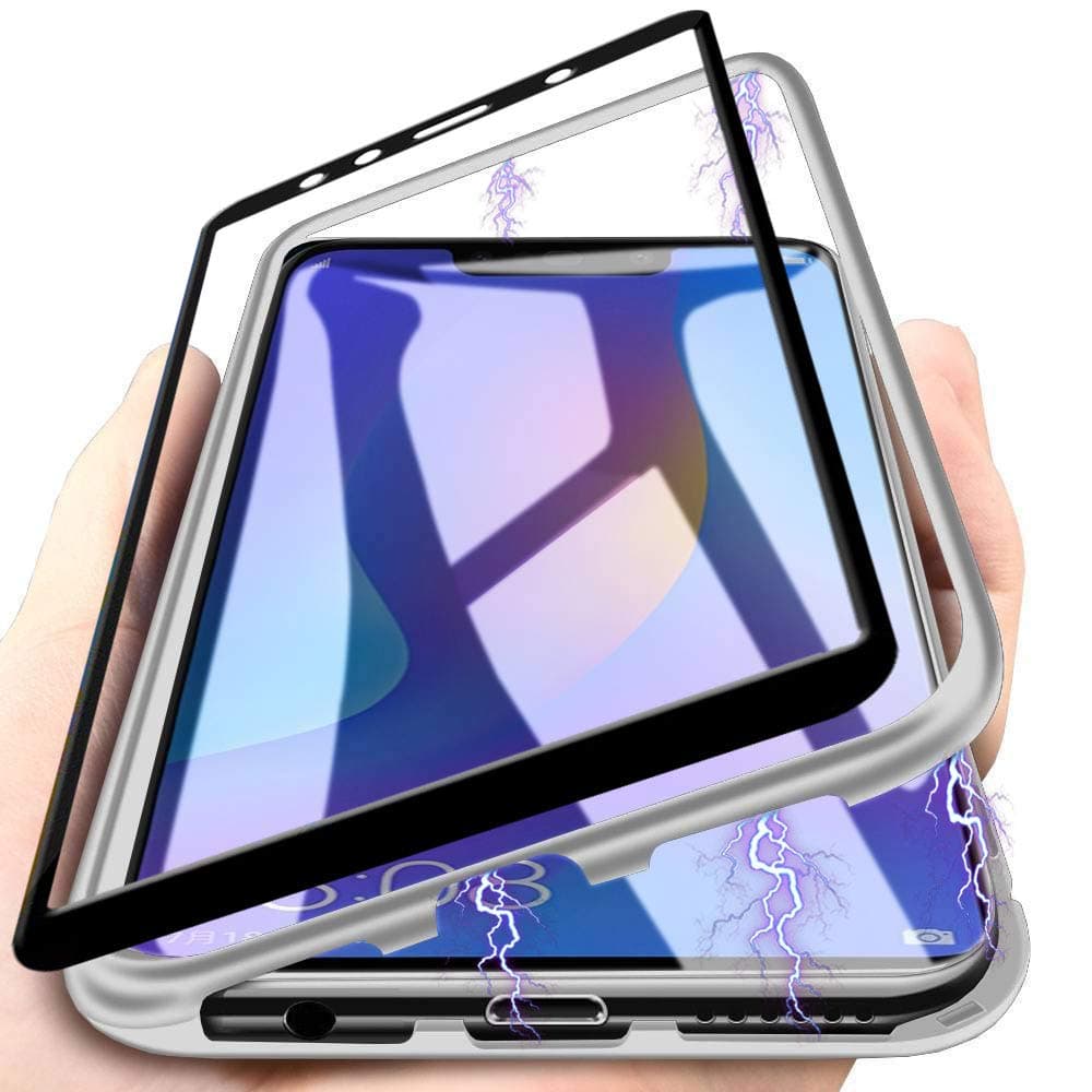 Case Huawei P Smart 2019 Magnetic Cover, [1 Pack 9H Tempered Glass],Magnetic Adsorption Technology Metal Frame Case Aluminum 9H Tempered Glass Back Cover for Huawei P Smart 2019 - Silver