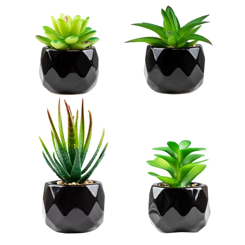 Artificial Plants Indoor in Pots, Artificial Plants Outdoors, Mini Black Ceramic Green Succulents Aesthetic Desk Plant for Bathroom, Living Room, Office (4)
