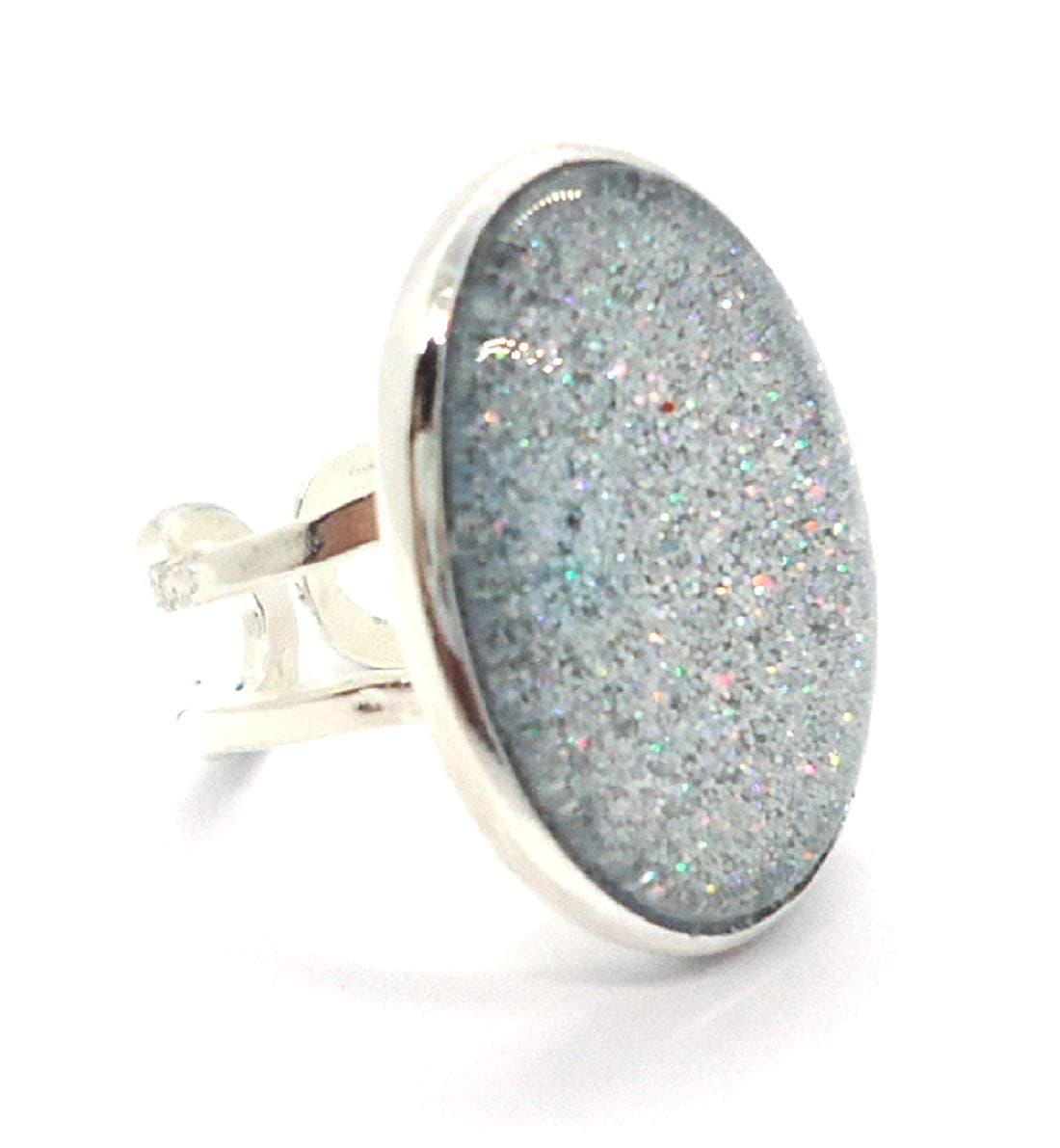Large Silver Plated Adjustable Ring with Glitter Glass Stone