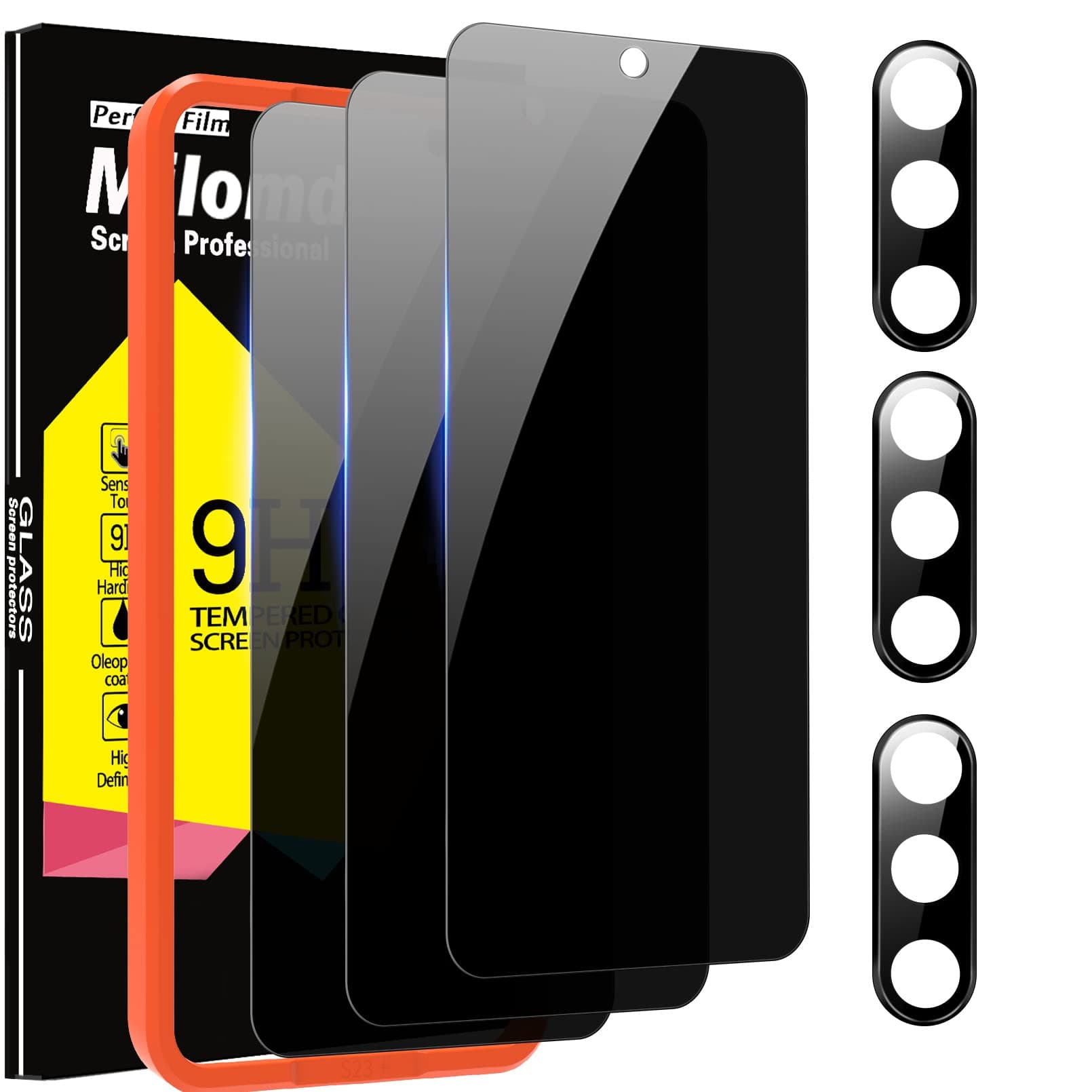 Milomdoi [3+3 Pack] for Samsung Galaxy S23 Privacy Screen Protector Tempered Glass Accessories 3 Pack Privacy Screen Samsung Galaxy S23 5G 3 Pcs camera Lens Protector Case fingerprint Suitable
