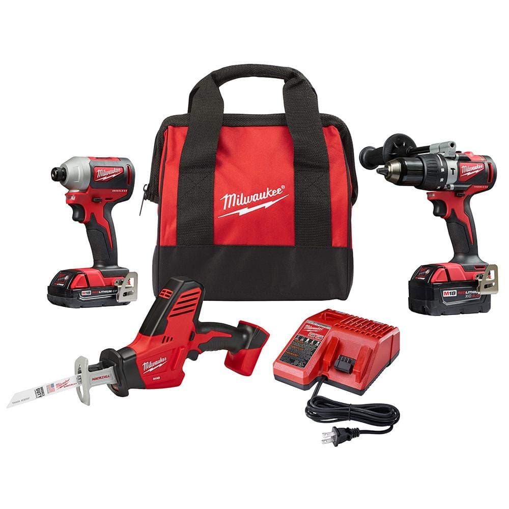2893-22CXP M18 18-Volt Lithium-Ion Brushless Cordless Hammer Drill/Impact/Hackzaw Combo Kit (3-Tool) with 2 Batteries, Charger and Bag