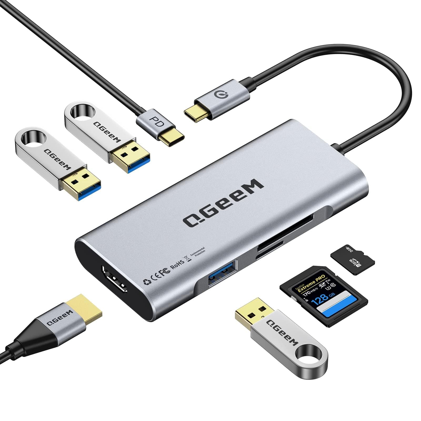 Sponsored Ad – QGeeM USB C Hub, USB 4k to HDMI Adapter, 7 in 1 USB-C Dongle with 100W PD, USB 3.0, Card Reader, Compatible for MacBook iPhone 15/16 Ipad Pro max, Chromebook Laptop USB Type C Dock-Classic Grey