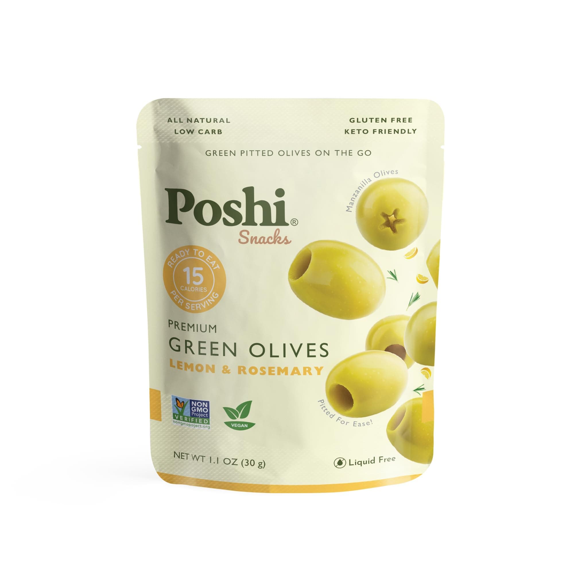 Poshi Green Pitted Olives | Lemon & Rosemary | Vegan, Kosher, Gluten Free + Keto Friendly, Fresh, All Natural Low Calorie Healthy Snacks | (30 Pack, 1.1oz Bags)