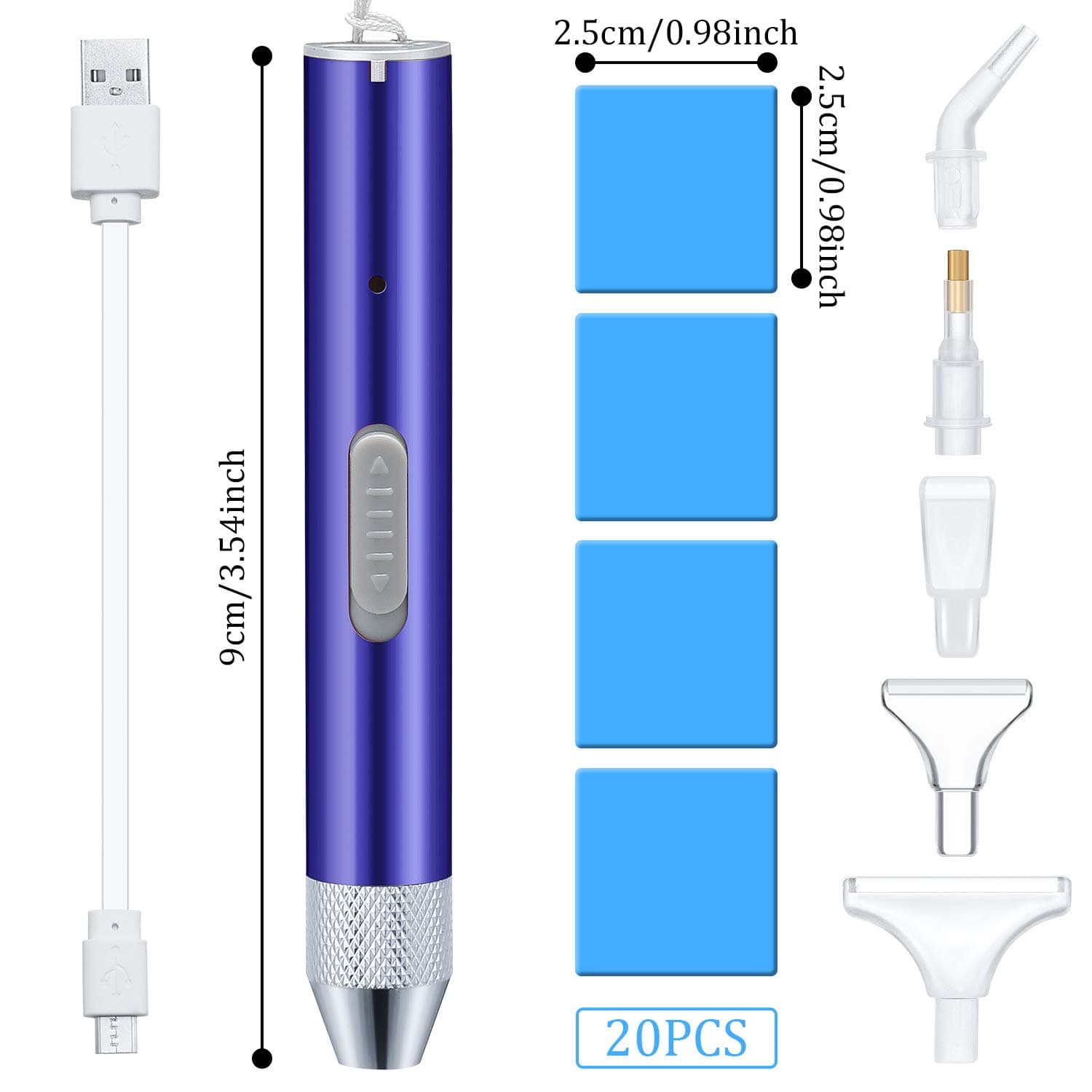 Maitys Electric Diamond Painting Pen Point Drill Pen with Light 5d DIY Diamond Painting Tool with 20 Pieces Glue Clay 5 Pieces Replacement Heads for DIY Craft(Blue)