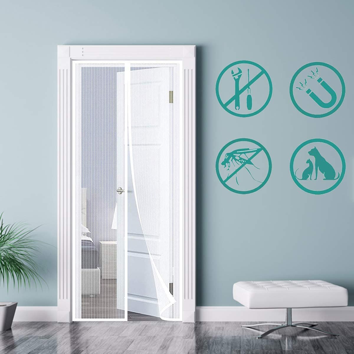 Logo Magnetic Screen Door 140x240cm with Enhanced Magnets Instant Screen Door Closes Automatically for Keep Bugs Fly Out, White A