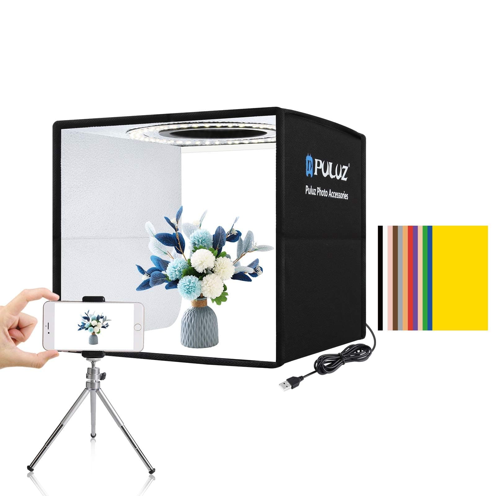 - PULUZ Mini Photo Studio Light Box, Photo Shooting Tent kit, Portable Folding Photography Light Tent with CRI >95 104pcs LED Light & 6 Kinds Double-Sided Color Backgrounds for Small Size Products