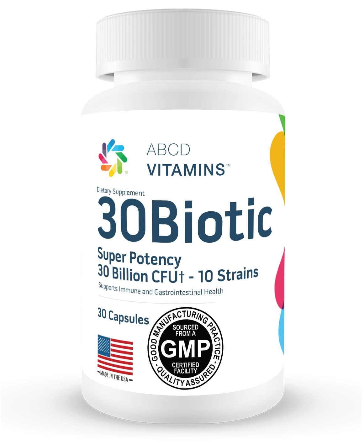 30Biotic 60 Capsules, 30 Billion CFU, 10 Strains, Advanced Probiotics That Promotes Immune and Digestive Health, 1 Month Supply. ABCD Vitamins