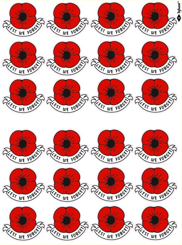 Lest we Forget Remembrance Day Poppy Flower Stickers, Pack of 24 Poppy Stickers, 5cm x 4cm Each