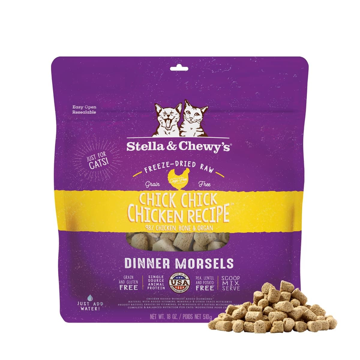 Stella & Chewy's Freeze-Dried Raw Chick, Chicken Dinner Morsels Grain-Free Cat Food, 18 Oz,Adult