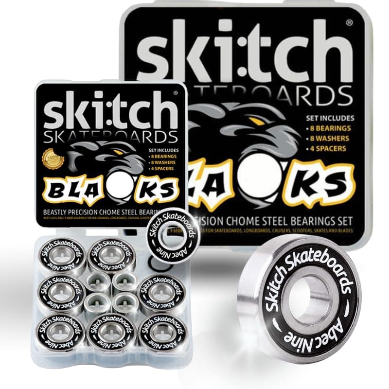 SKITCH Precision Fast Spin Bearings Set | 8 Pack 608 2RS ABEC 9 Chrome Steel Deep Groove Ball Bearing Set for Skateboards, Longboards, Inline Skates, Scooters | + Washers + Spacers | 8mm x 22mm x 7mm