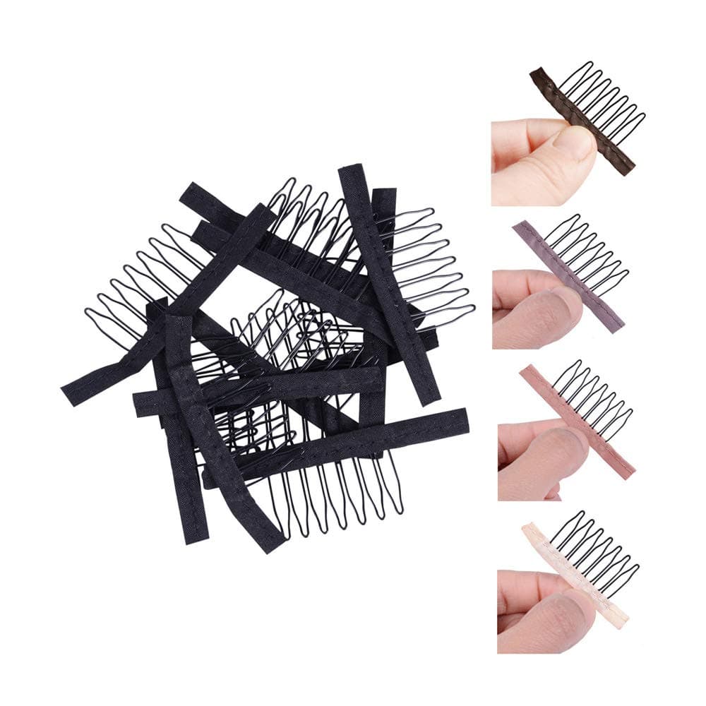 24 Pieces Steel Cloth Wig Combs and Clips Set - 7-Teeth Hair Accessories Tools for Making Wigs and Hairpieces (Black)
