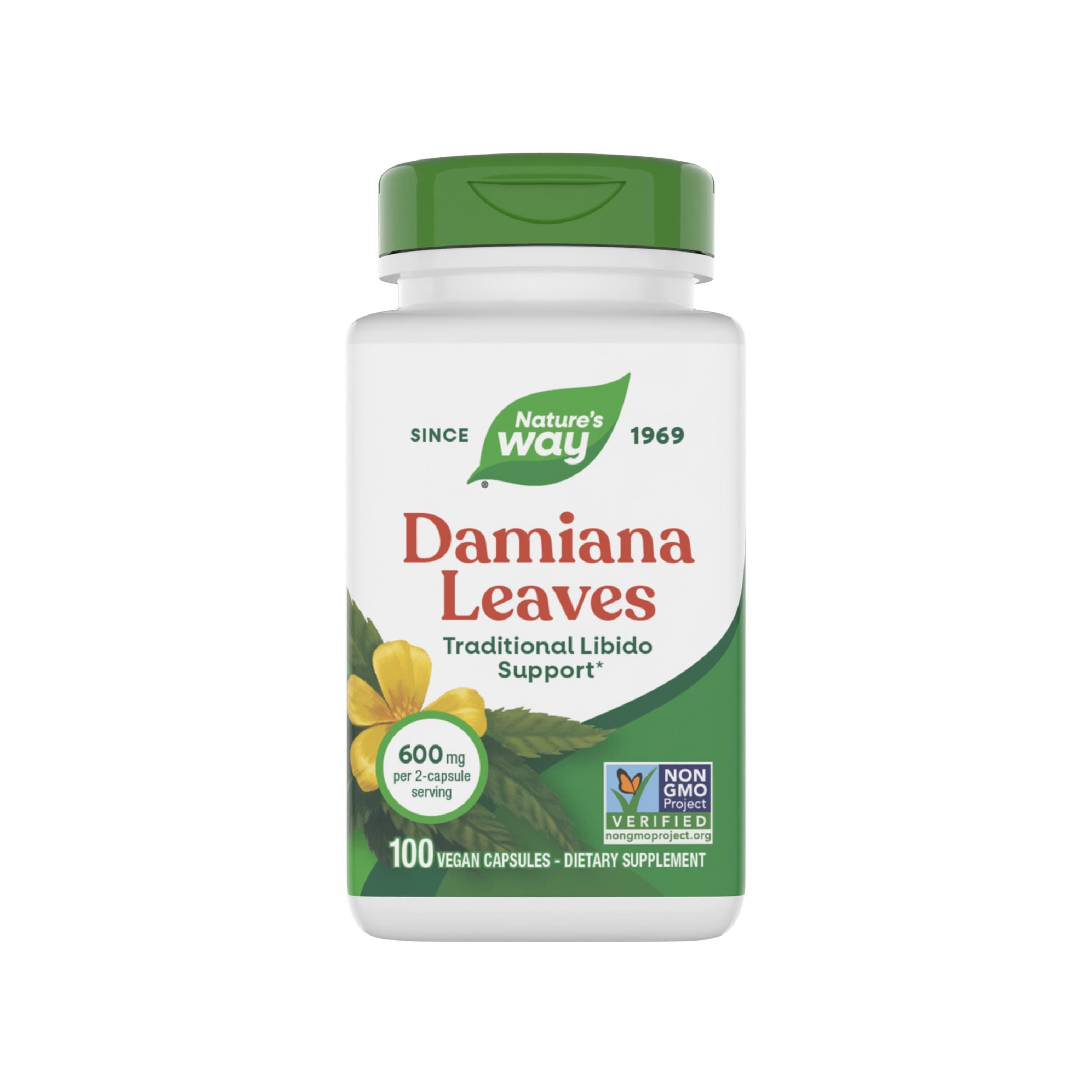 Nature's Way Damiana Leaves, Traditional Libido Support*, 600 mg per 2-Capsule Serving, Non-GMO Project Verified, Vegan, 100 Capsules (Packaging May Vary)