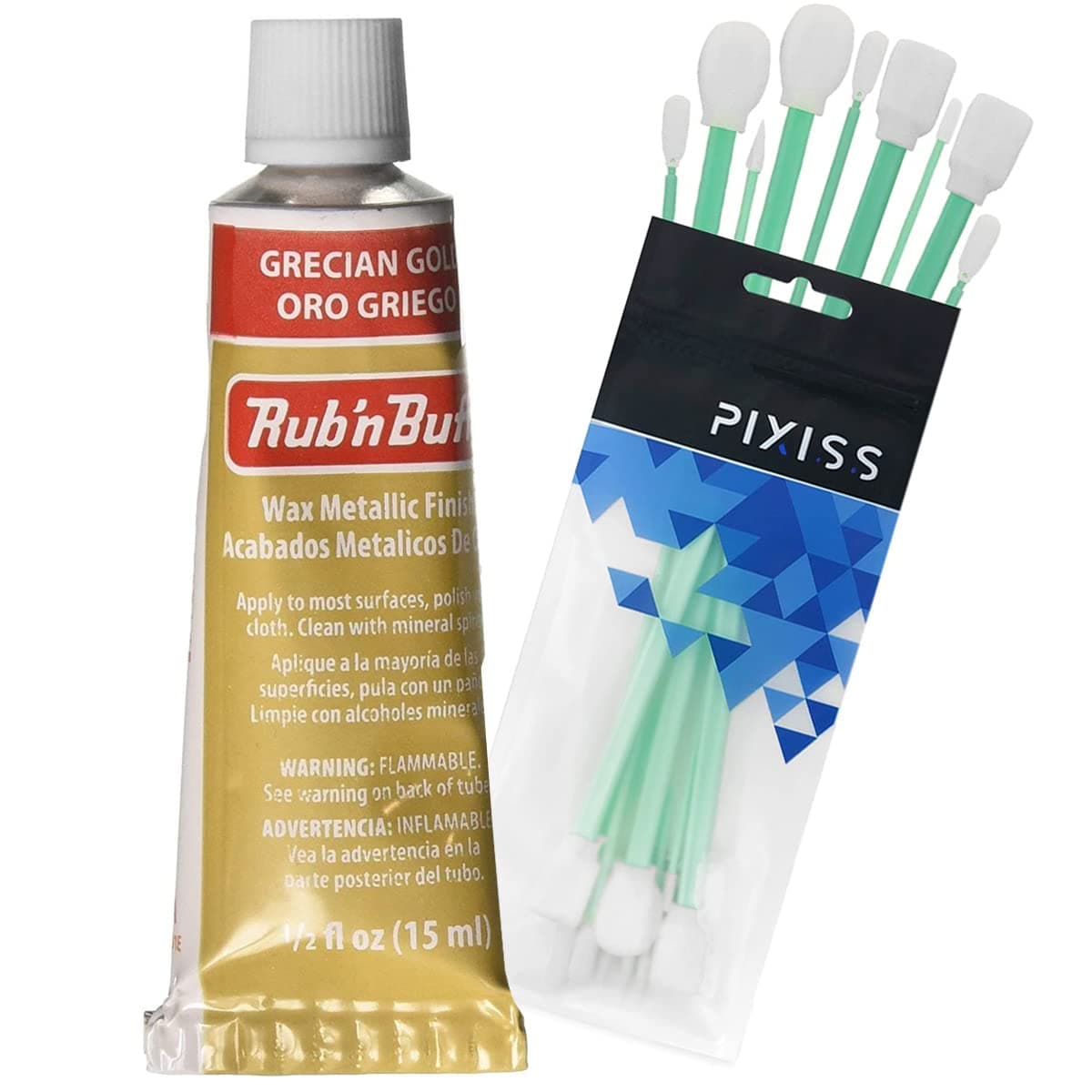 Rub n Buff Wax Metallic Grecian Gold, Rub and Buff Finish, 0.5-Fluid Ounce, Pixiss Blending and Application Tools for Applying Metallic Wax Paint