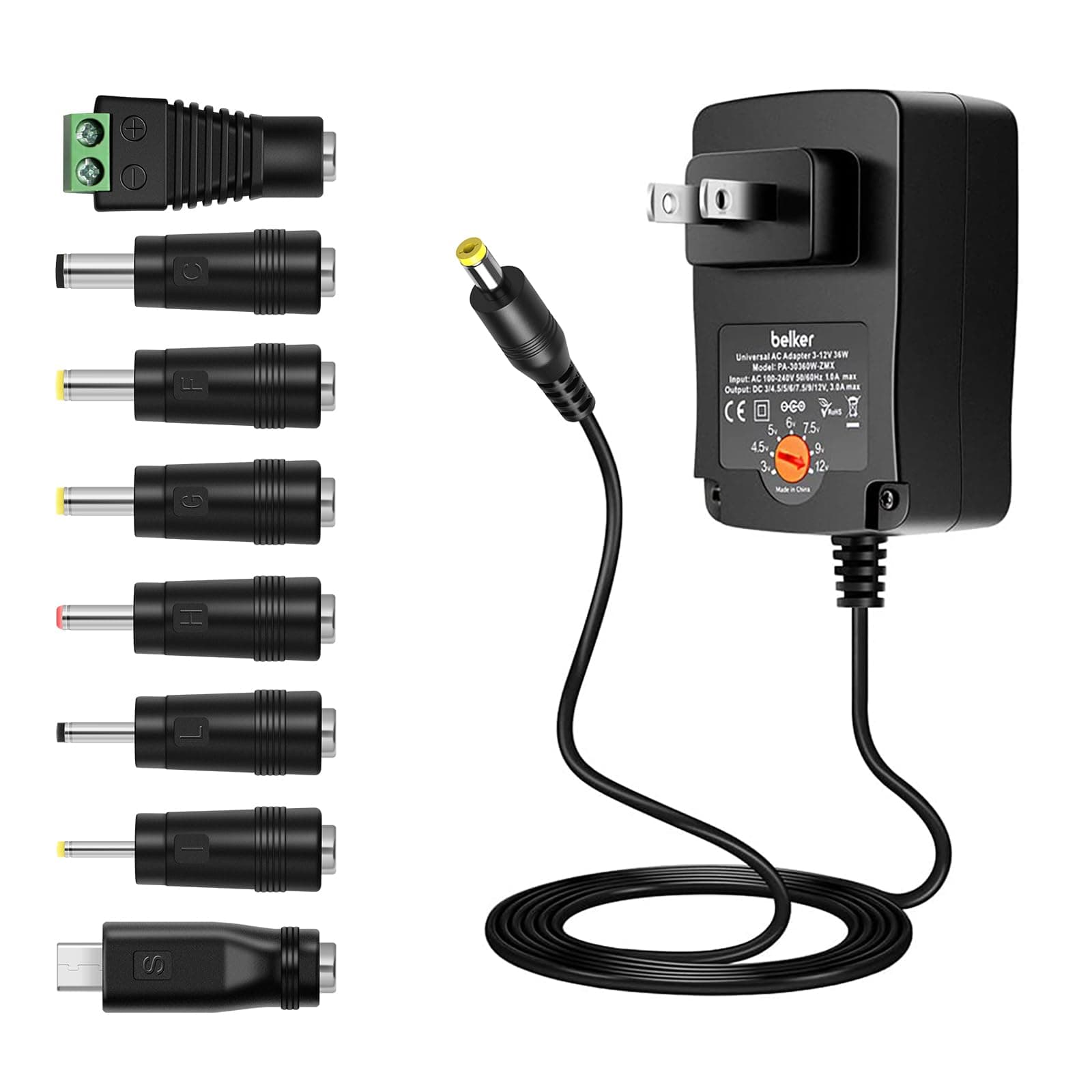 Belker 36W Universal 3V 4.5V 5V 6V 7.5V 9V 12V AC DC Adapter Power Supply for LCD LED Light Strip Router HUB Speaker Smart Phone TV Box 1A 1.5A 2A 2.5A 3A 3000mA Amp Max.