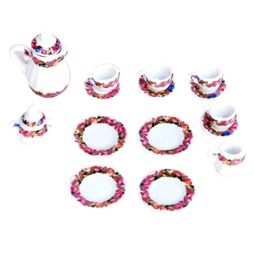 KINGQ 15pcs Doll House Miniature Porcelain Tea Set Dish,Cup,Plate Colorful Floral Print