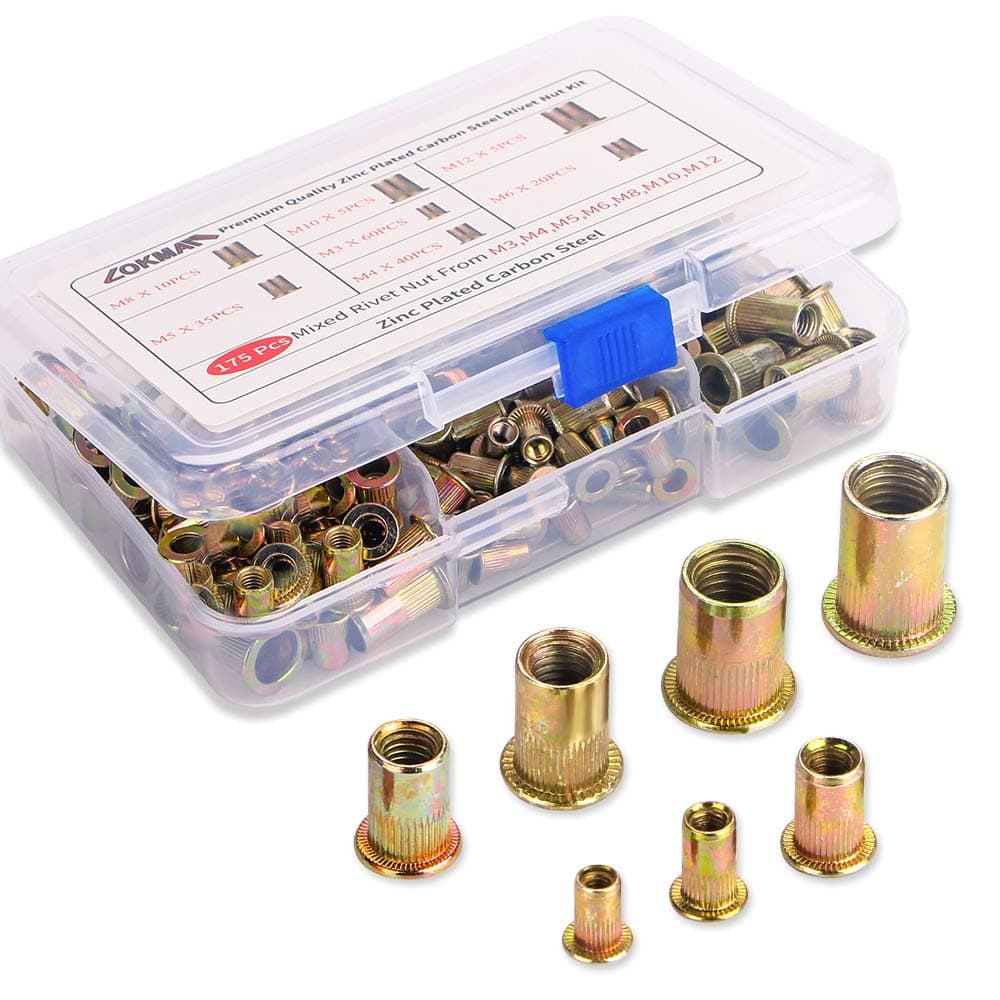 LOKMAN 175PCS Metric Rivet Nut Kit Carbon Steel Flat Head Threaded Insert Nut Assorted in M3 M4 M5 M6 M8 M10 M12, Knurled Body (Rivet Nut Kit 1)