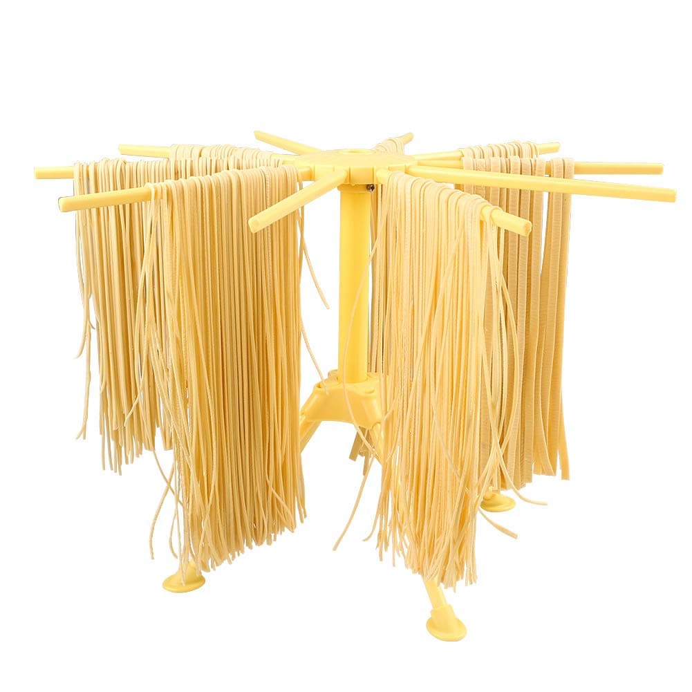 OurokhomeCollapsible Pasta Drying Rack, Plastic Foldable Homemade Fresh Spaghetti Stand Dryer Noodle Hanger for Kitchen with 10 Arms, Stable, Easy Storage, Quickly Set Up (Yellow)
