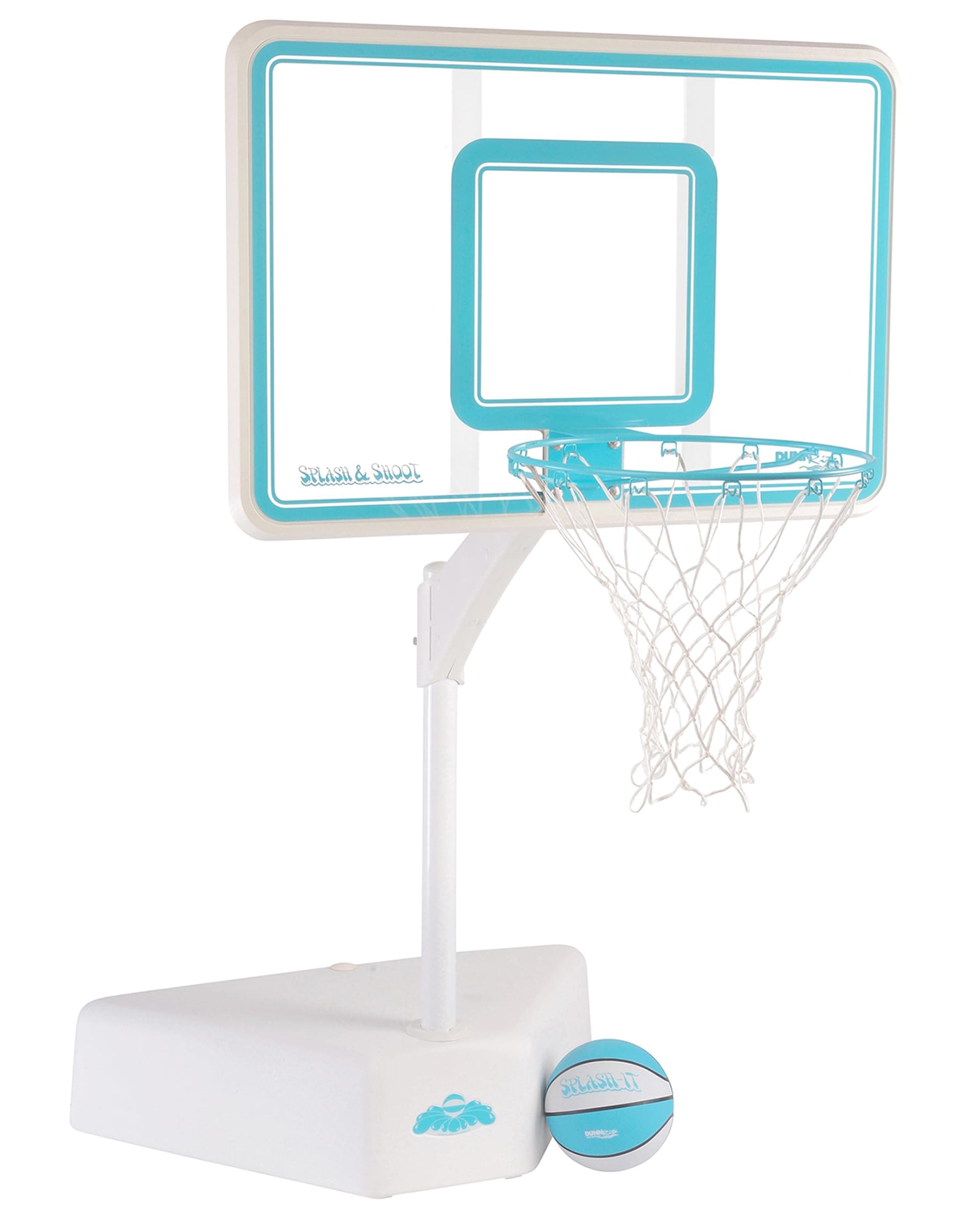 DUNNRITE Splash & Shoot Clear Outdoor Adjustable Height Swimming Pool Basketball Hoop w/Ball, Base, & 18 Inch Stainless Steel Rim for Adults & Kids, Aqua Color