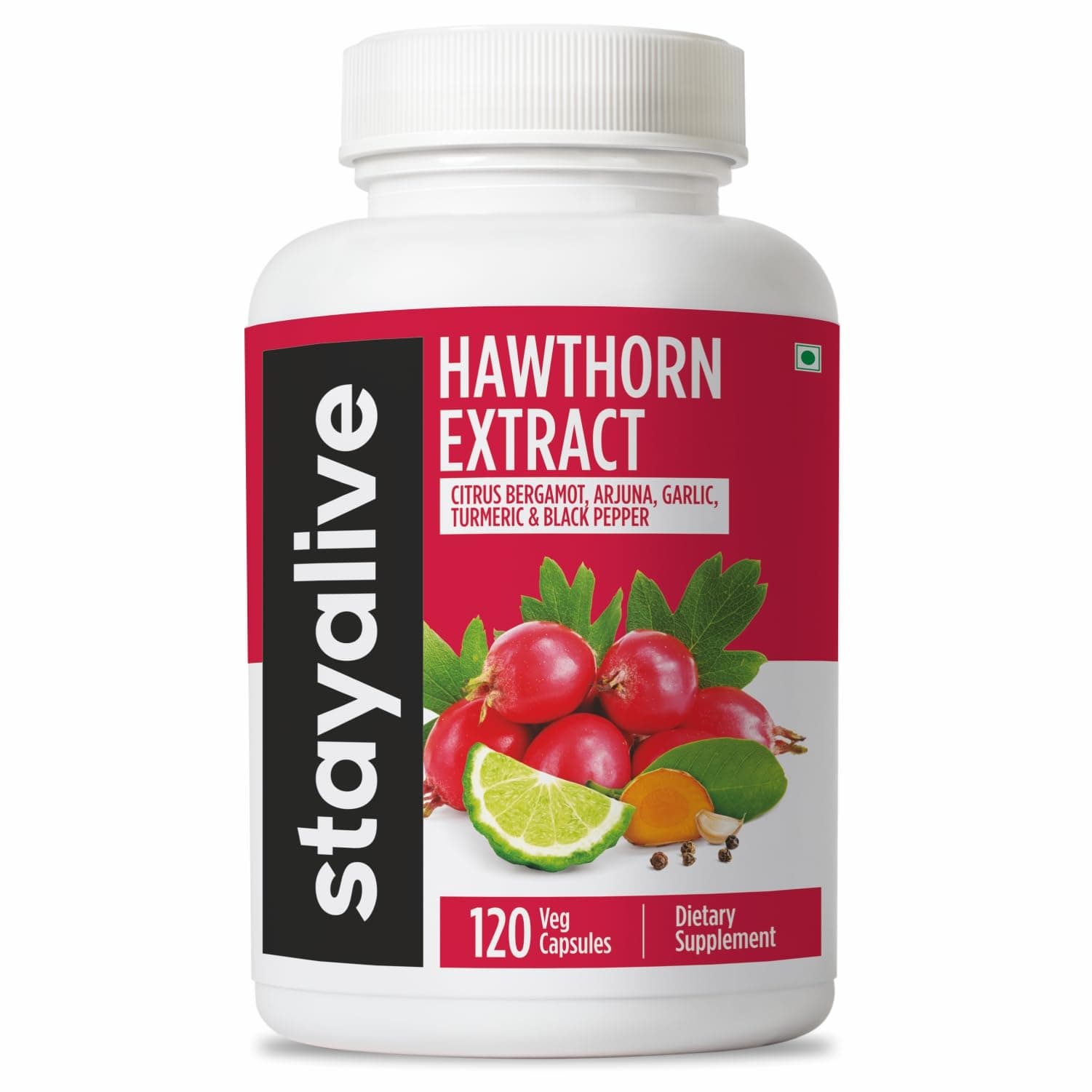 - STAY ALIVE Extra Strength Hawthorn Berry Capsules, 20:1 Extract, 6-in-1 Antioxidant w/Citrus Bergamot, Turmeric Root Powder, Garlic, Arjuna & Black Pepper, 120 Vegan Pills, Hawthorne Berry Supplement
