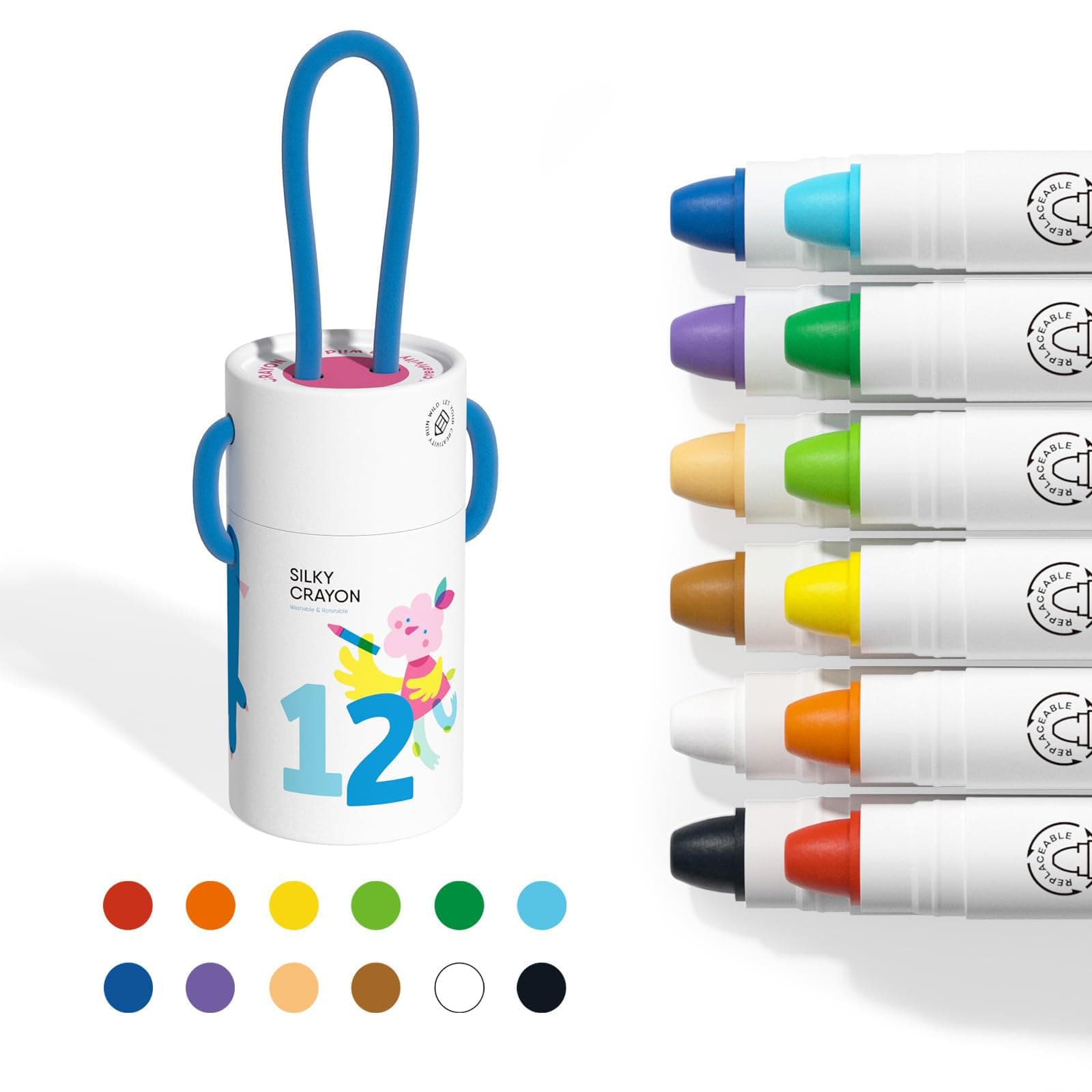 AzoneeSilky Jumbo Crayons for Toddlers, 12 Colors Non Toxic Washable Crayons, Unbreakable Twistable Crayons Set with Strap Easy to Hold, Art Supplies Gifts for Boys girls