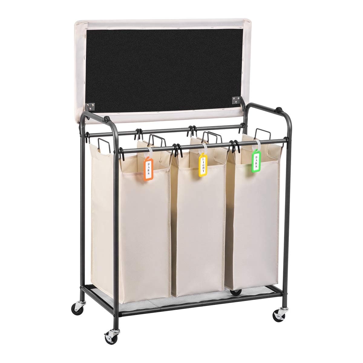 Sunix Rolling Laundry Sorter, Laundry Storage Basket Trolley 3 Heavy-Duty bag Laundry Cart Bin with Folding Ironing Board, Beige