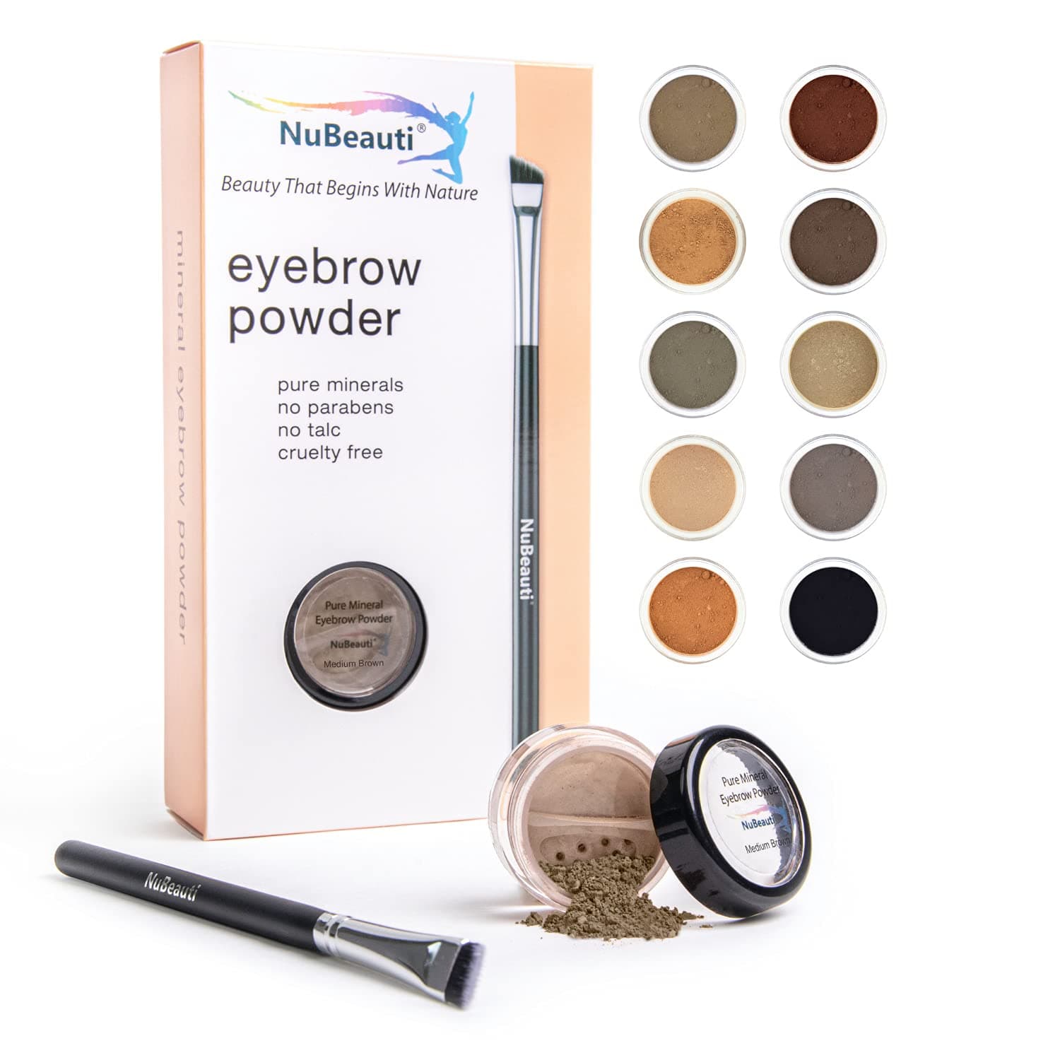 NuBeauti(Medium Brown) - Mineral Eyebrow Powder - Natural Brow Makeup Kit with Angled Contour Brush for Precision Sculpting to Colour Eyebrows Precisely for Beautiful Perfect Professional Brows...