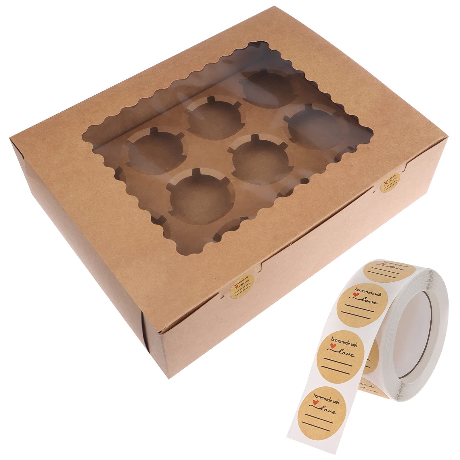 FADACAI 15 Pack 12 Hole Kraft Paper Brown Cupcake Boxes with Sealing Sticker Cake Box Containers Bakery Cookie Holder with Clear Window & Inserts for Dessert, Pastries, Muffin, Donut, Macaron