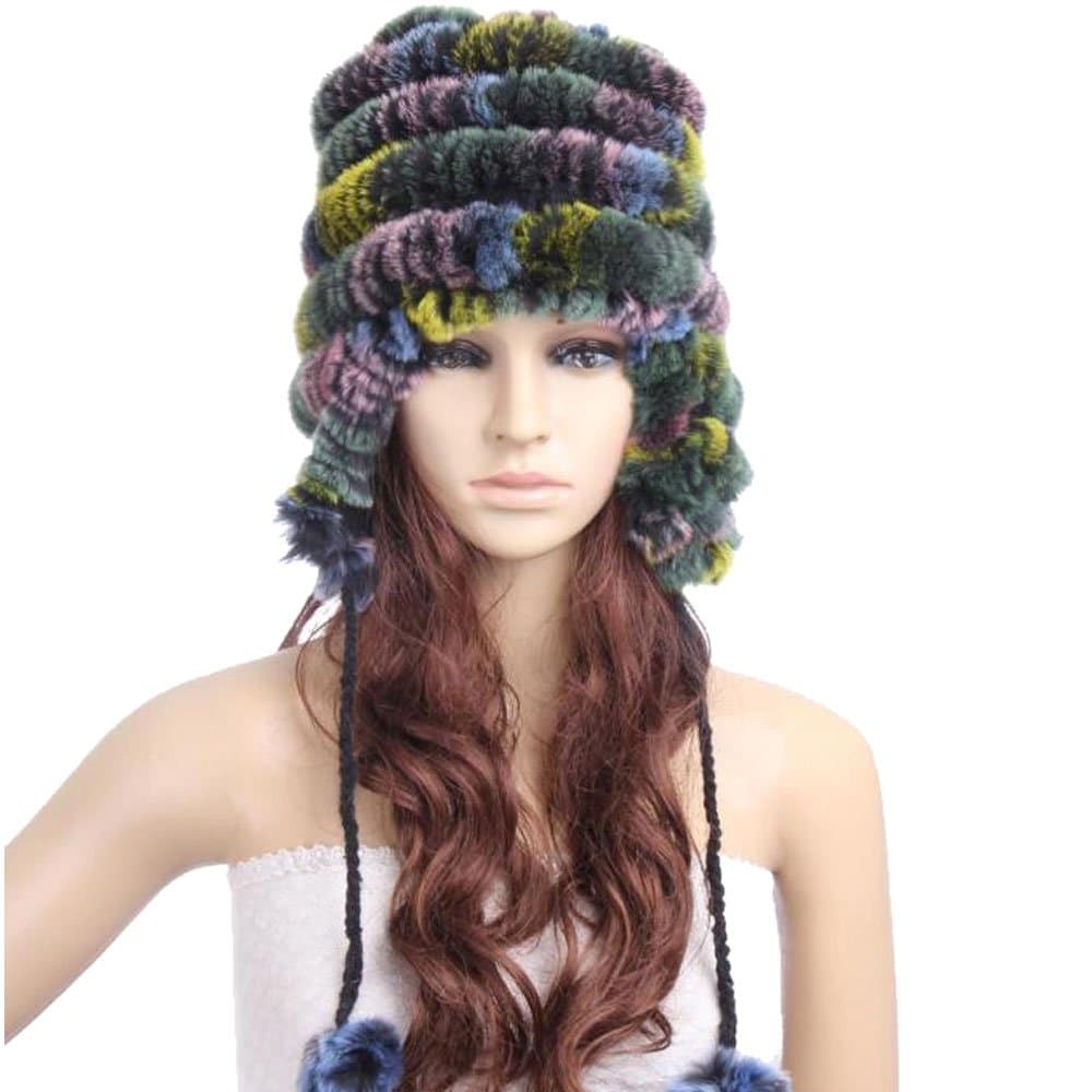 SSB Women's Rex Rabbit Fur Hats Winter Ear Cap Flexible Multicolor