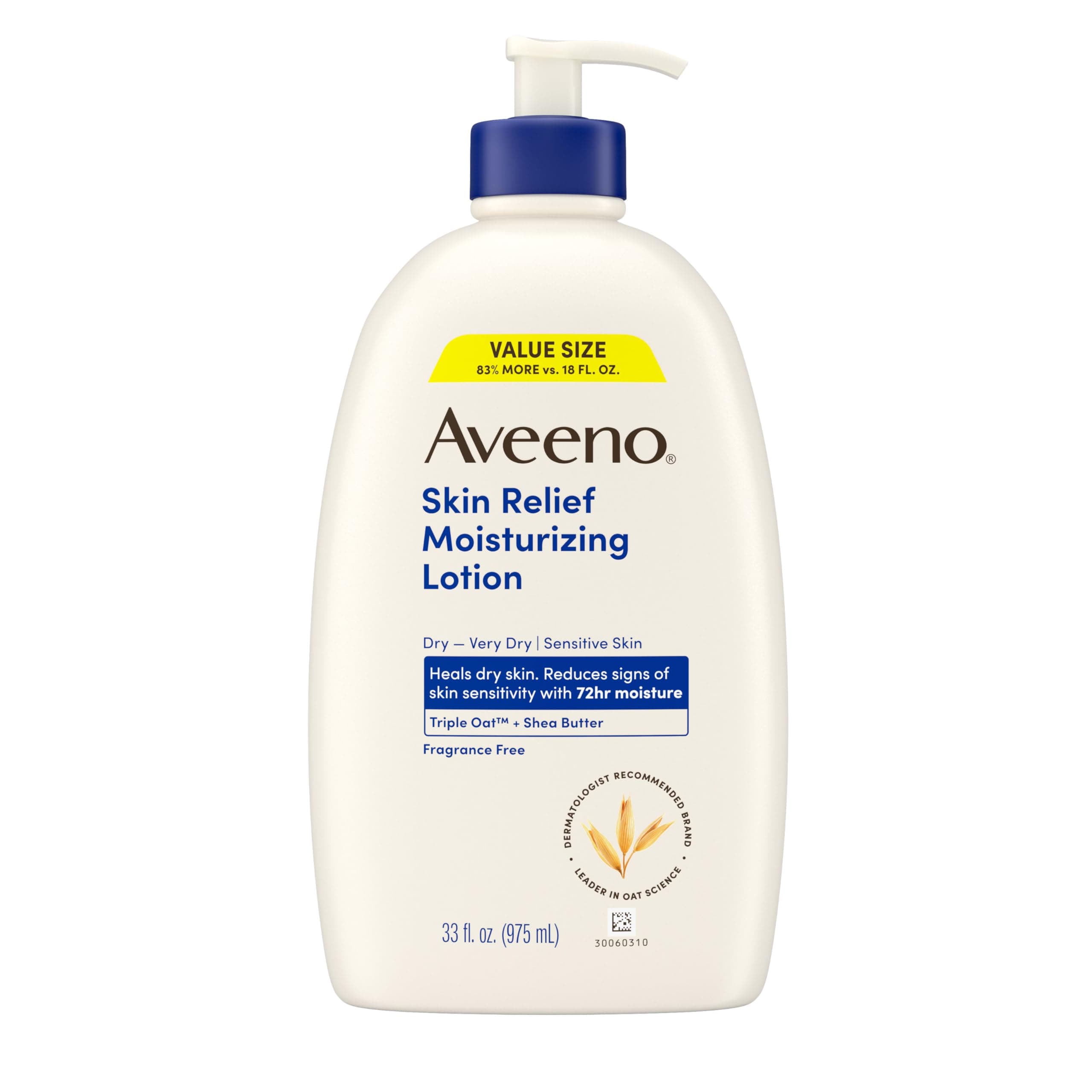 Aveeno Skin Relief Moisturizing Lotion Heals Very Dry, Sensitive Skin, Fast-Absorbing Body Lotion with Triple Oat & Shea Butter, Fragrance Free, Non-Comedogenic, Value Size, 33 fl. oz