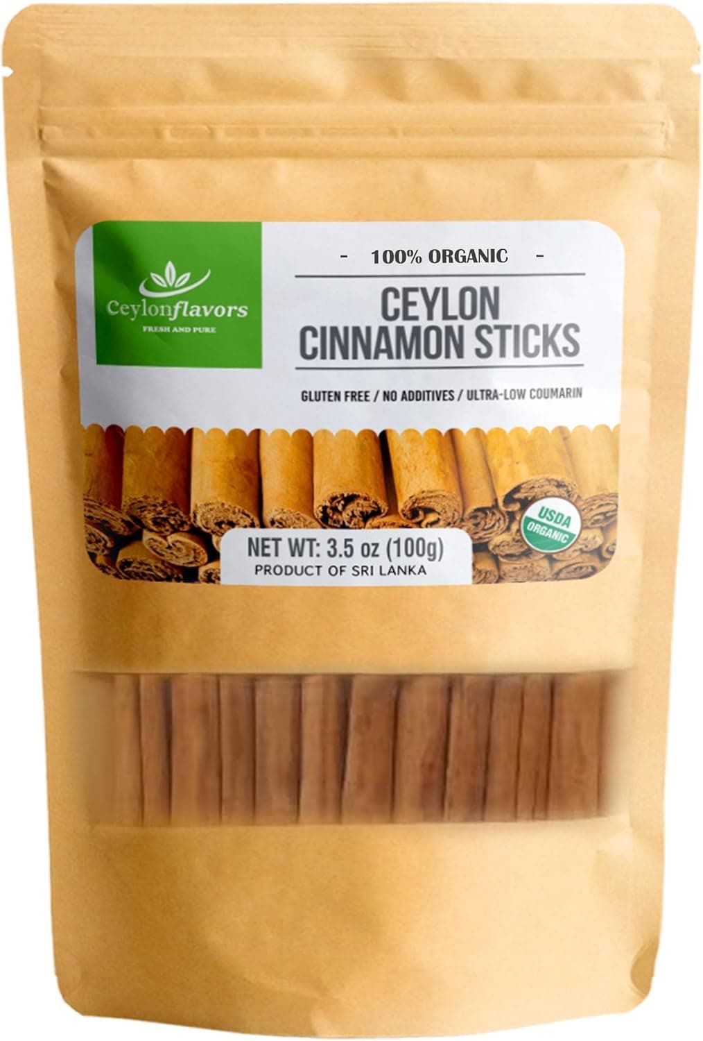 Ceylon Flavors organic Ceylon cinnamon sticks 3.5 oz (3 ") True Cinnamon, Premium Grade, Harvested & Packed from a USDA Certified Organic Farm in Sri Lanka (not cassia cinnamon)