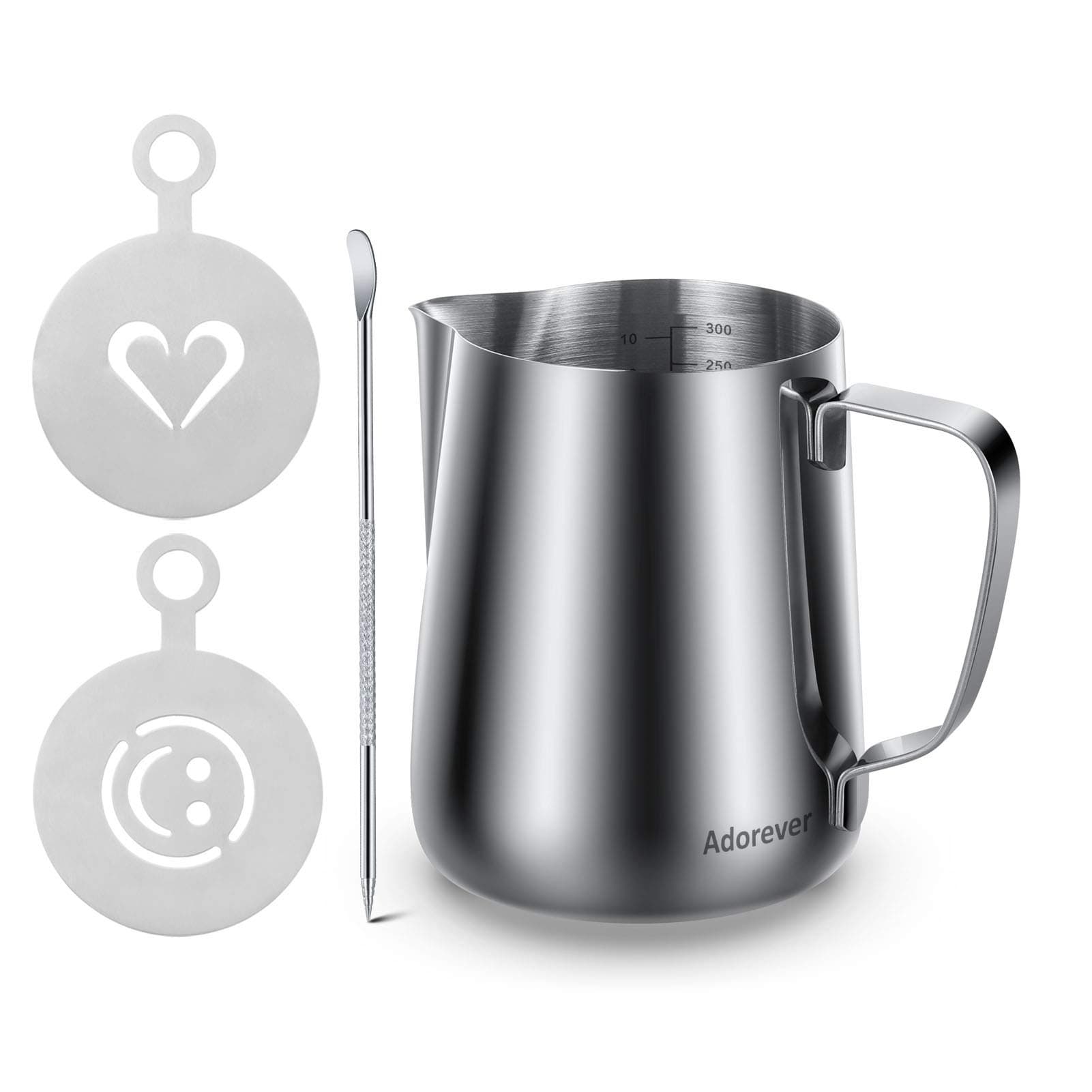 Adorever 300ml Milk Forthing Pitcher with Coffee Decorating Stencils and Decorating Pen, Latte Art