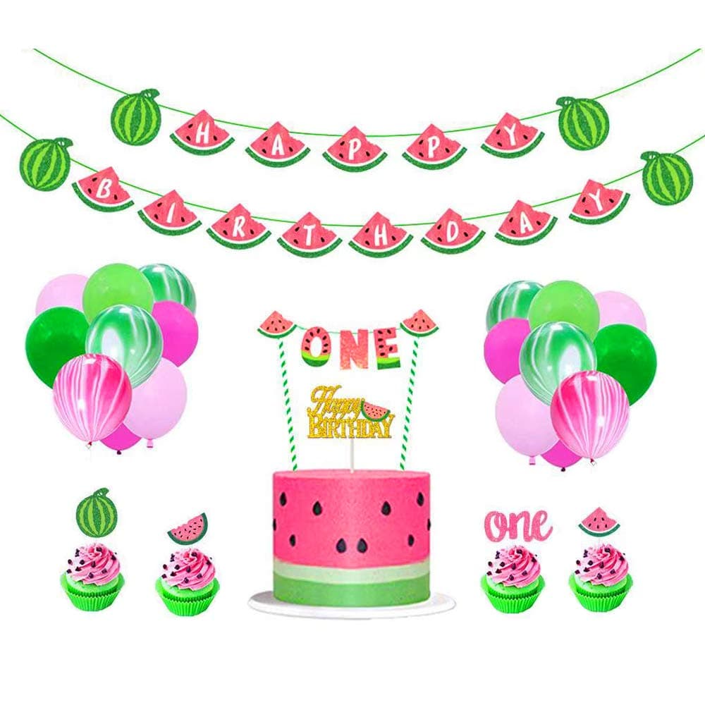 Suppar 47 Set Watermelon Birthday Party Decorations One in a Melon Cake Topper Watermelon Cupcake Toppers Melon Balloons and Happy Birthday Banner for Summer Fruit Themed First Birthday Party Baby Shower Decoration