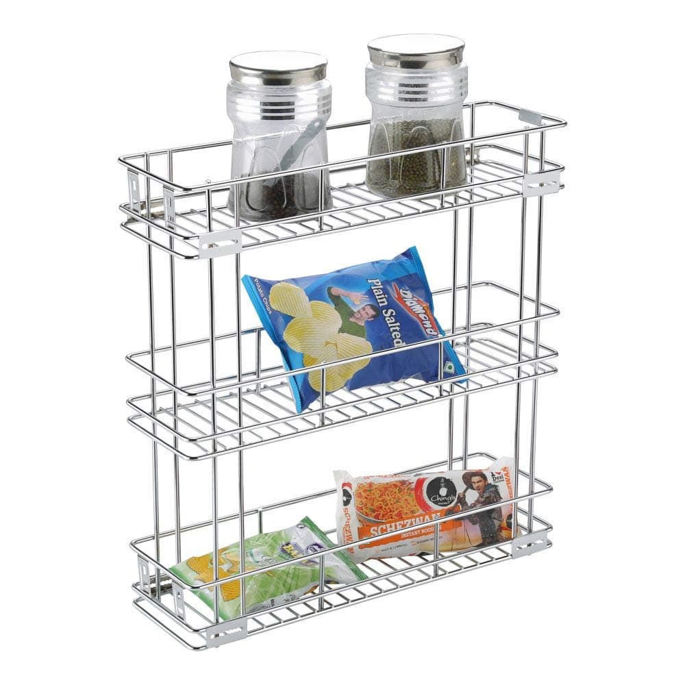 SmartSlide 3-Tier Stainless Steel Bottle Pull out Basket for Modular Kitchen/Kitchen Cabinet Drawer/Multipurpose Container Shelf Organizer/Kitchen Trolley (8 X 20 X 21 INCH)