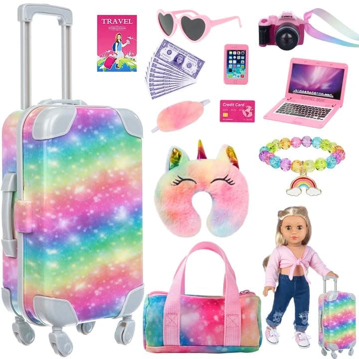 23 PC 18 inch Doll Accessories Suitcase Rainbow Travel Set,Suitcase, Bag, Camera, Computer, Cell Phone, Neck Pillow, Eye Mask etc Gift for Birthday Christmas (Doll & Clothes not included)
