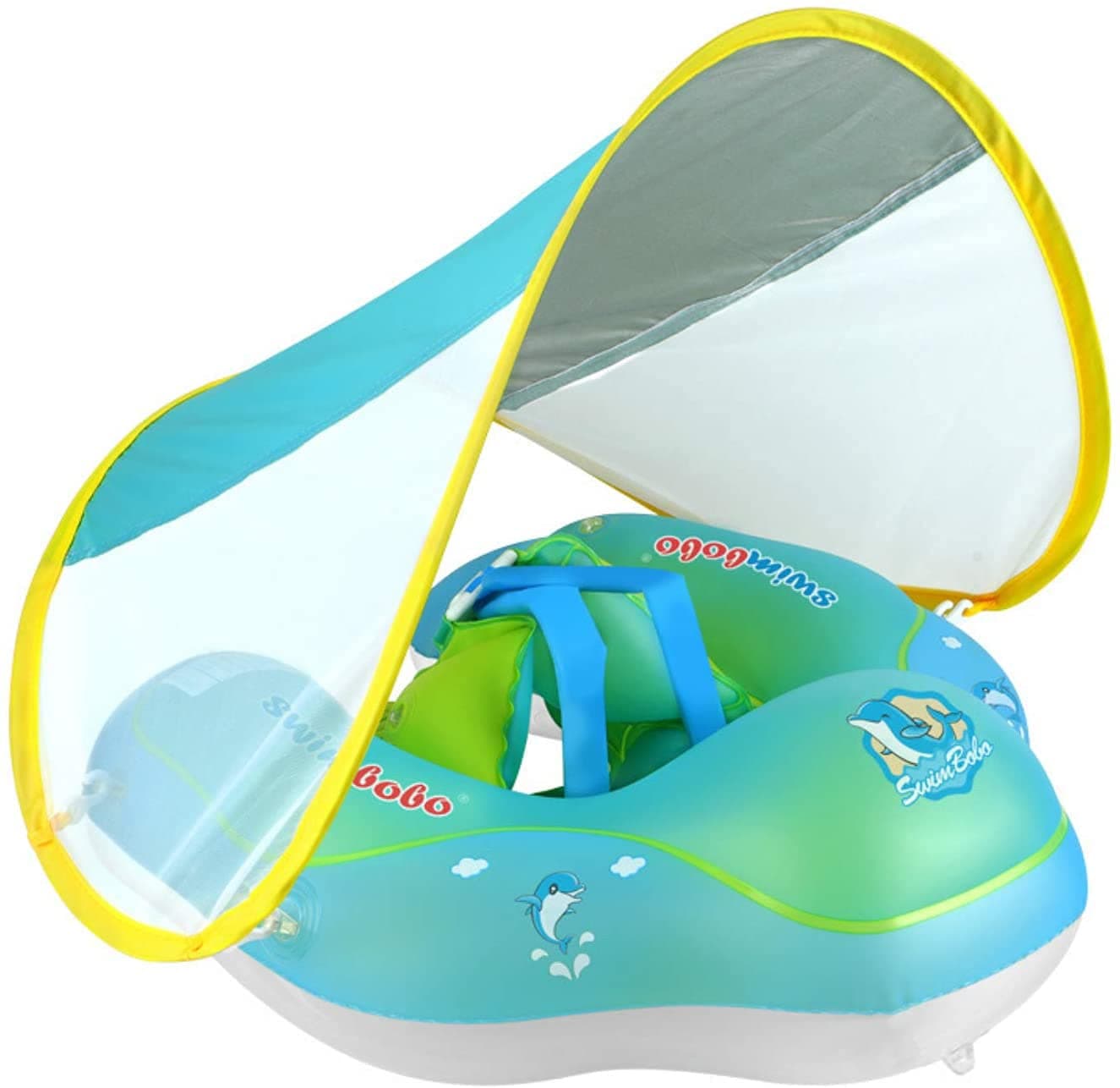 Baby Swimming Inflatable Float with Sun Protection Canopy,Children Waist Ring Pool Floats, add Tail no flip Over for Age of 3-70 Months,11-50 lbs (Small)