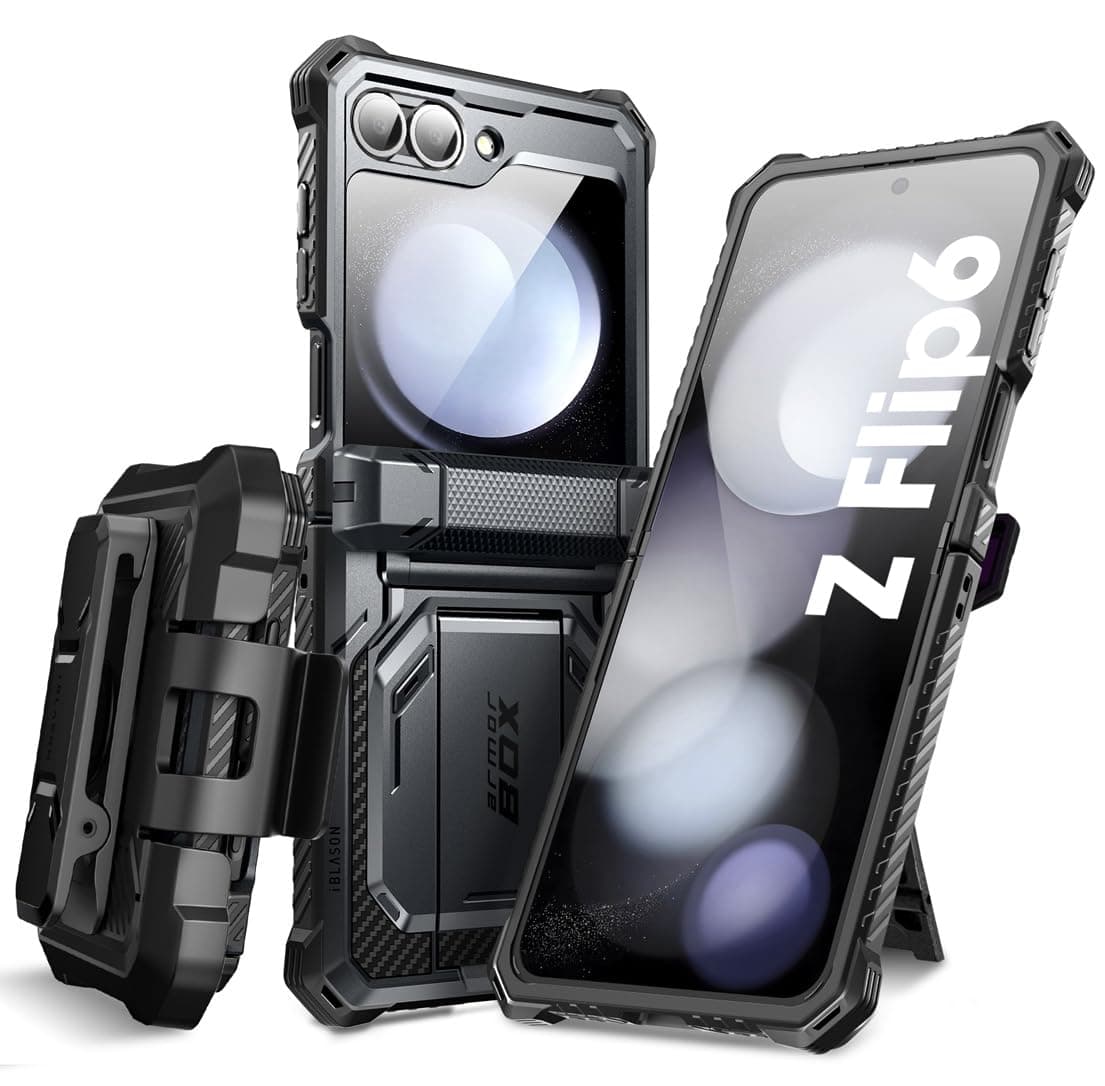 for Samsung Galaxy Z Flip 6 Case, ZFlip 5 Case with Stand, [Built-in Screen Protector] [Hinge Protection] [Belt-Clip], Military Phone Case for Samsung Z Flip 7 FE/6/5, Armorbox, Black