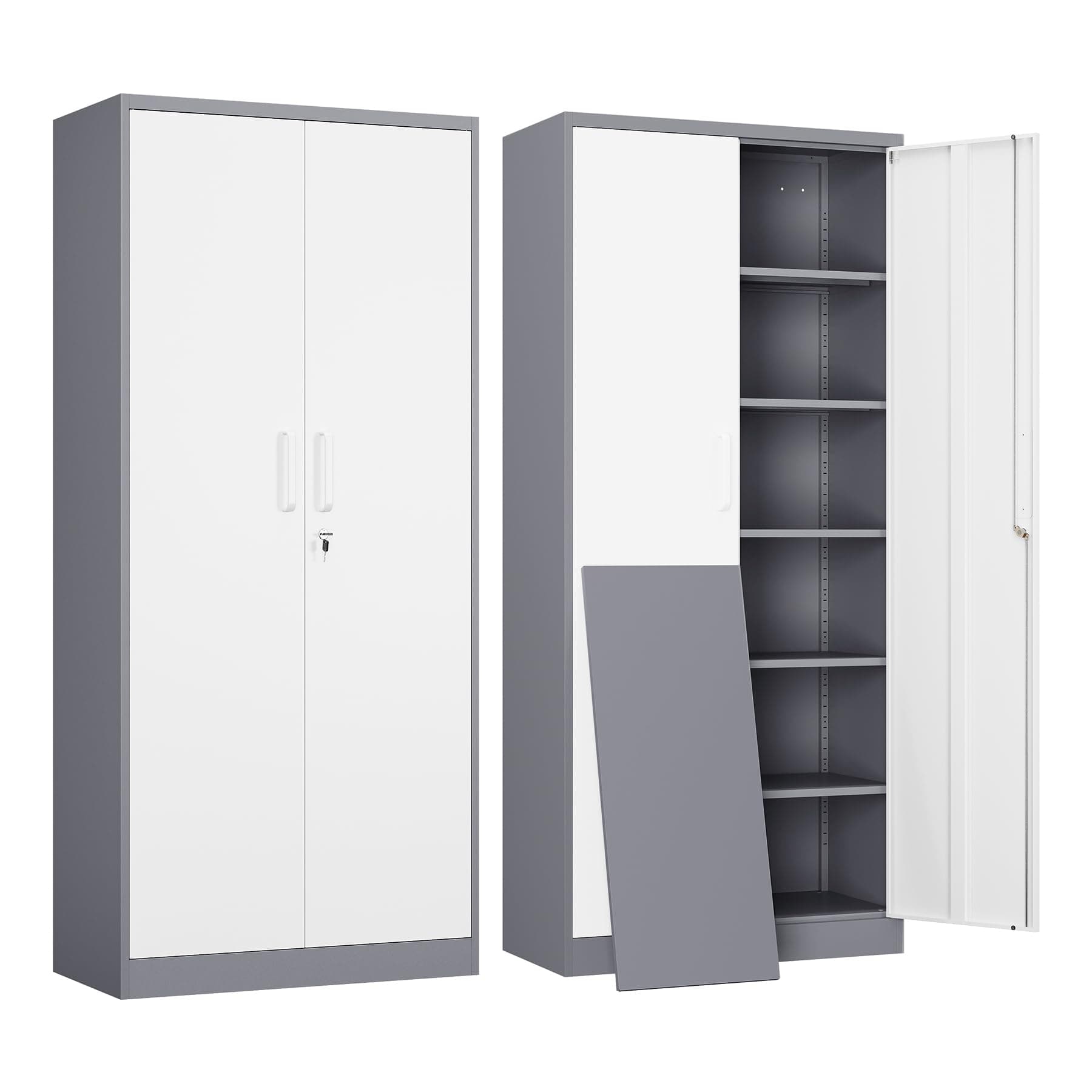 Yizosh Metal Garage Storage Cabinet with 2 Doors and 5 Adjustable Shelves - 71" Steel Lockable File Cabinet,Locking Tool Cabinets for Office,Home,Garage,Gym,School (Gray White)