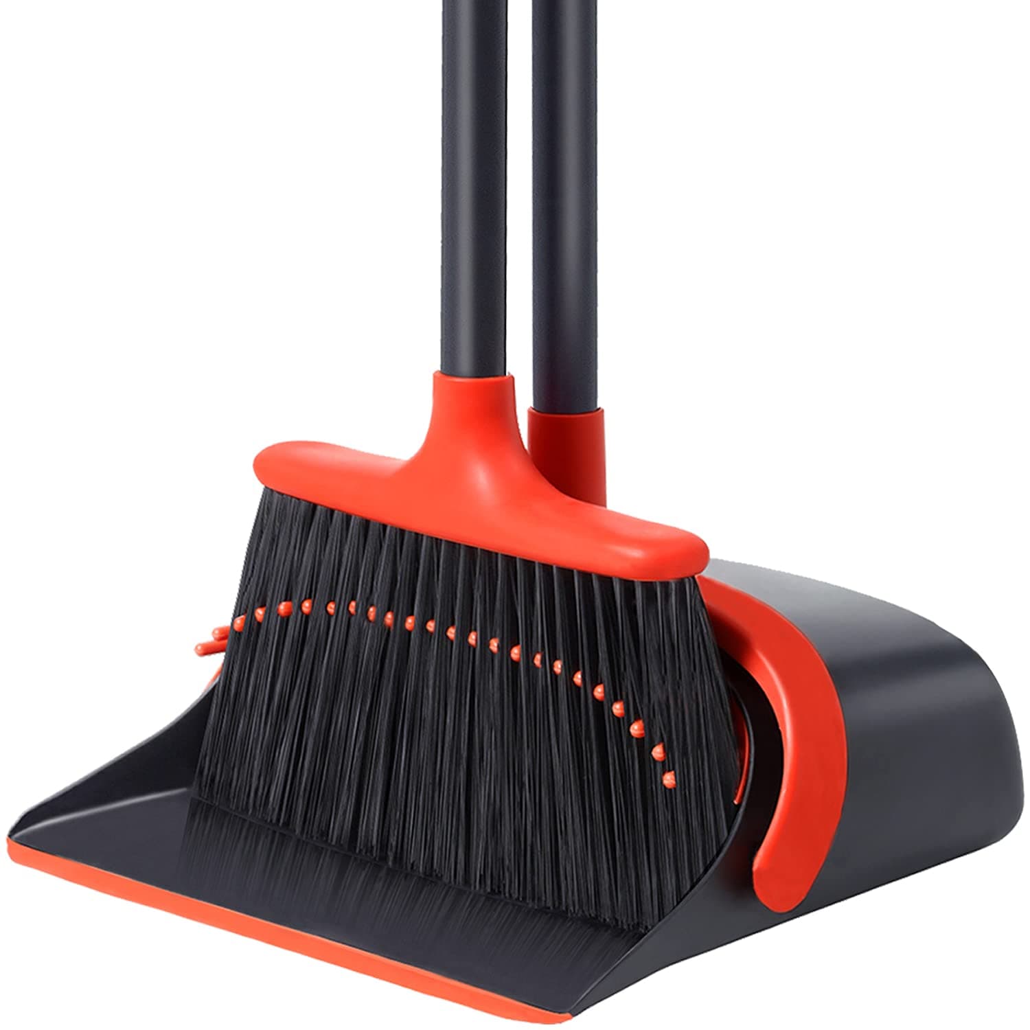 Broom with Dustpan Combo Set, Broom and Dustpan Set with Optional Extension Pole, Brooms and Dustpans with Built-in Teeth for Home Lobby Office, Foldable Storage Standing Dust Pan and Brush Set
