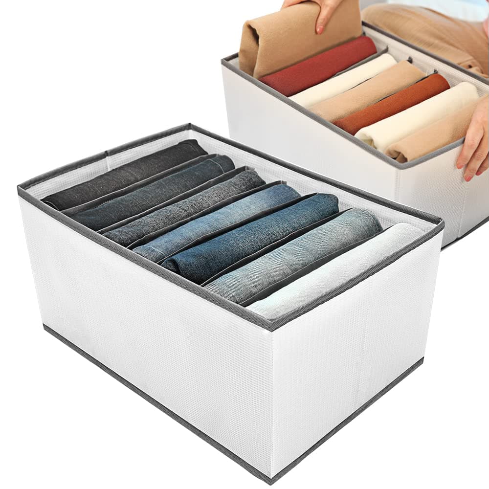 Wardrobe Closet Organiser and Storage for Clothes - 7 Grids Foldable Drawer Dividers Organizer for Jeans | Trousers | Shirts | Pants, Stackable Clothing Storage Boxes (1 Pack)